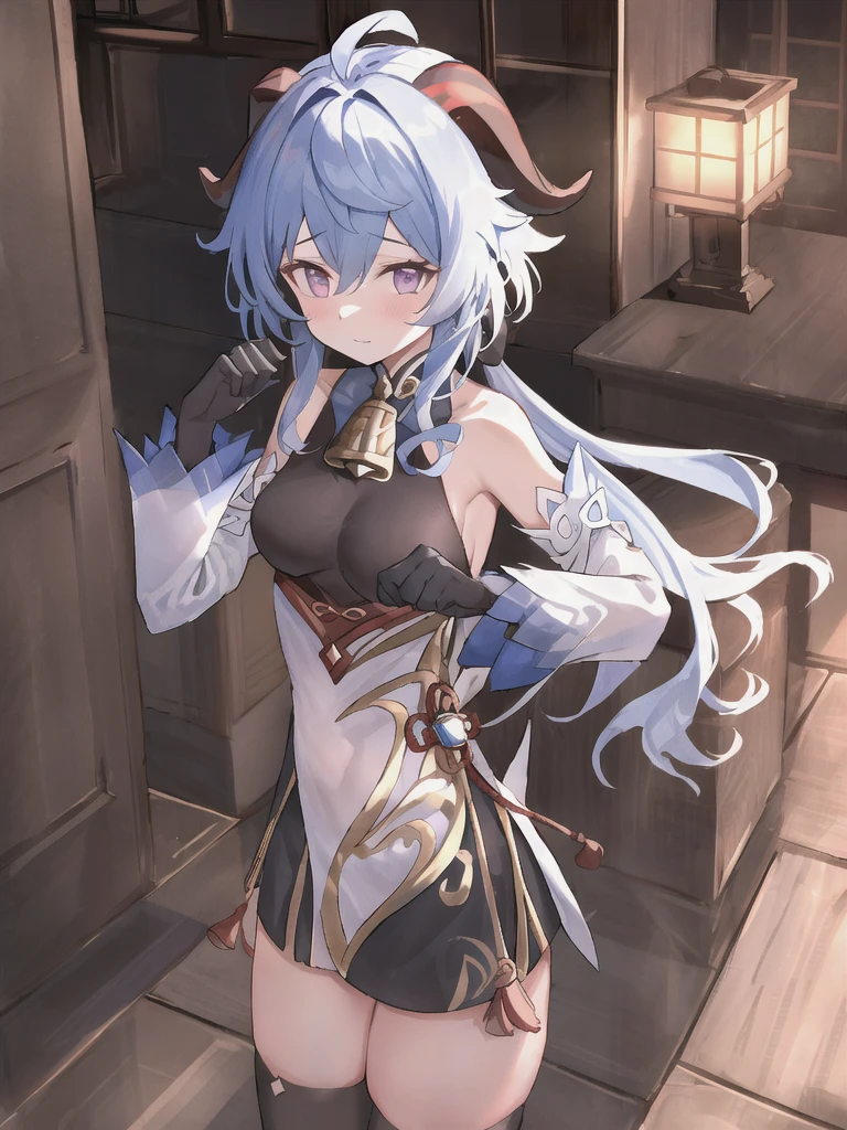 hired \(genshin impact\), 1 girl, He drowned, Architecture, hits, bare shoulders, Bell, black gloves, black shackles, ((blue fur)), blush, old, chinese knot, Separate sleeves, east asian Architecture, flower knot, gloves, horns, wide, looking at the viewer, medium old, neck Bell, evening, outdoor, shackles, purple eyes, Side locks, Alone, tassel,  white sleeves, ((masterpiece))