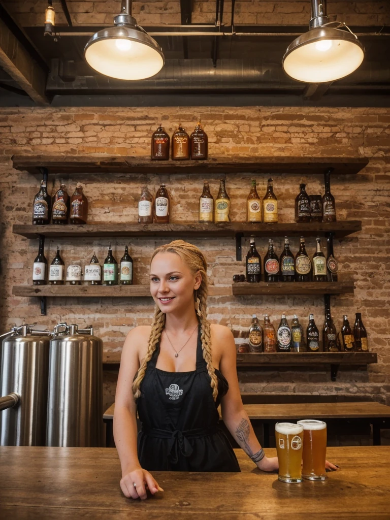 solo, realistic, photorealistic, natural lighting, (large forehead, (((Latvian woman))), (((Latvian nose))), (((Latvian eyes))), (((blonde))), (((braids))), (((Latvian face))), (((Latvian lips))), (((Latvian body))), (((fair complexion))) pose: standing, smiling, wearing Boho Maxi Dress , cleavage, background: Situated in an industrial district-turned-hipster enclave, The Craft Brewpub is a hub for beer enthusiasts and aficionados of local flavors. The interior boasts exposed brick walls, industrial lighting, and communal tables made from reclaimed wood. Behind the bar, gleaming stainless steel tanks showcase the brewing process, while chalkboards list rotating taps of small-batch beers brewed on-site. Patrons engage in lively discussions about hop profiles and brewing techniques, sampling flights of IPAs, stouts, and seasonal ales. The atmosphere is convivial, with a focus on community, creativity, and the art of craft brewing.
