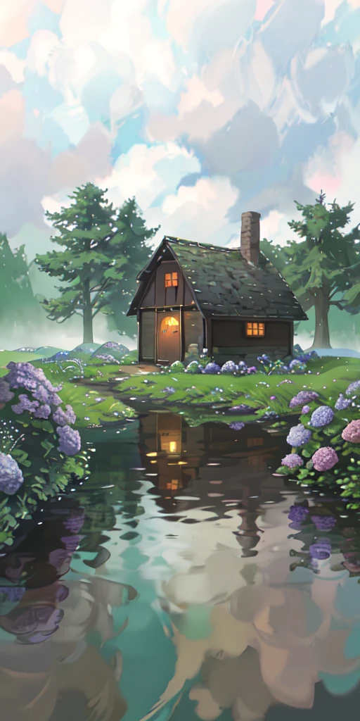 Old fashioned witches hut in a foggy forest. There is a garden next to the hut and a small stream in front of it, a hydrangea bush in view.