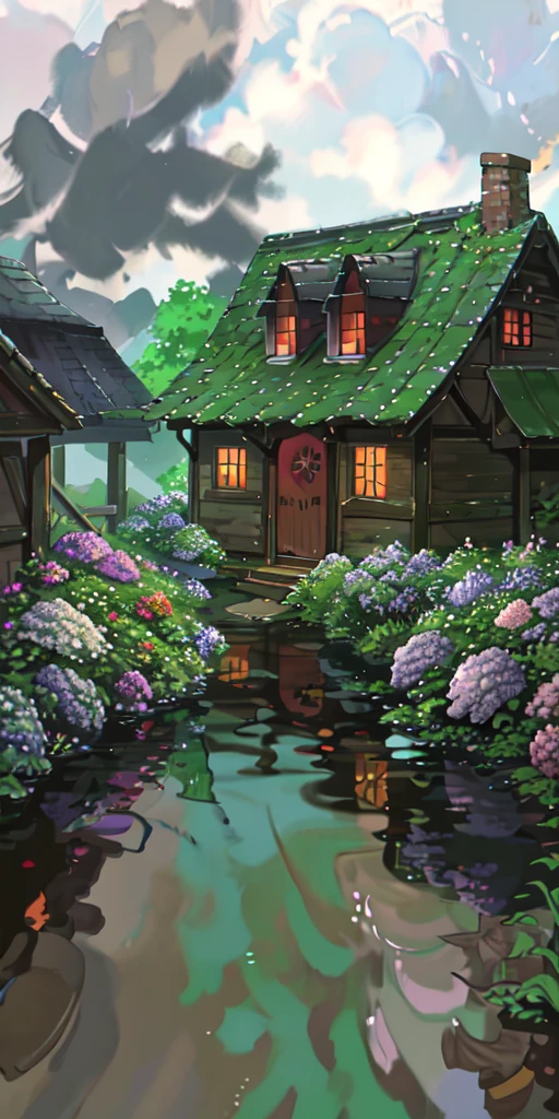 Old fashioned witches hut in a foggy forest. There is a garden next to the hut and a small stream in front of it, a hydrangea bush in view. 