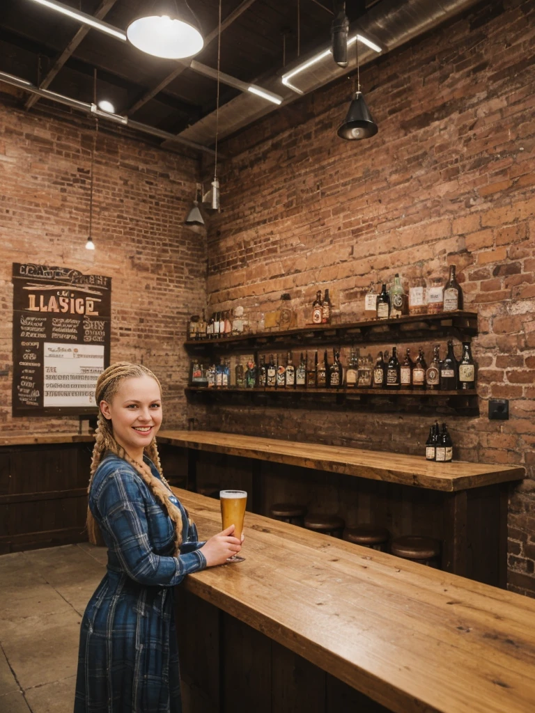 solo, realistic, photorealistic, natural lighting, (large forehead, (((Latvian woman))), (((Latvian nose))), (((Latvian eyes))), (((blonde))), (((braids))), (((Latvian face))), (((Latvian lips))), (((Latvian body))), (((fair complexion))) pose: standing, smiling, wearing Boho Maxi Dress , cleavage, background: Situated in an industrial district-turned-hipster enclave, The Craft Brewpub is a hub for beer enthusiasts and aficionados of local flavors. The interior boasts exposed brick walls, industrial lighting, and communal tables made from reclaimed wood. Behind the bar, gleaming stainless steel tanks showcase the brewing process, while chalkboards list rotating taps of small-batch beers brewed on-site. Patrons engage in lively discussions about hop profiles and brewing techniques, sampling flights of IPAs, stouts, and seasonal ales. The atmosphere is convivial, with a focus on community, creativity, and the art of craft brewing.