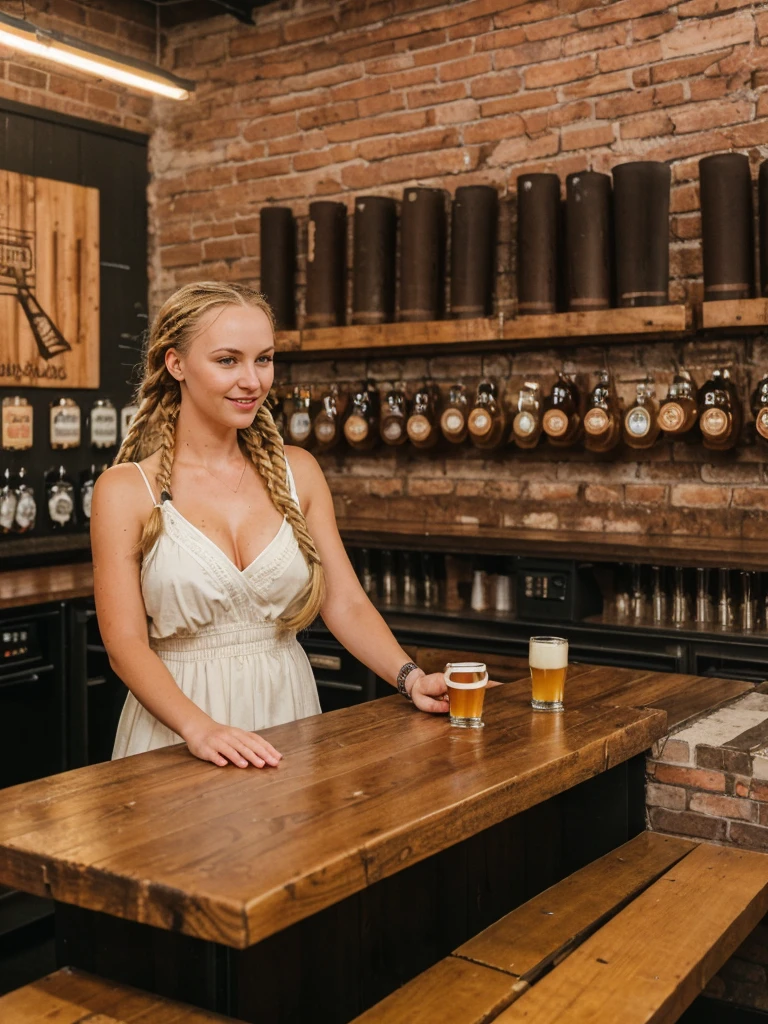 solo, realistic, photorealistic, natural lighting, (large forehead, (((Latvian woman))), (((Latvian nose))), (((Latvian eyes))), (((blonde))), (((braids))), (((Latvian face))), (((Latvian lips))), (((Latvian body))), (((fair complexion))) pose: standing, smiling, wearing Boho Maxi Dress , cleavage, background: Situated in an industrial district-turned-hipster enclave, The Craft Brewpub is a hub for beer enthusiasts and aficionados of local flavors. The interior boasts exposed brick walls, industrial lighting, and communal tables made from reclaimed wood. Behind the bar, gleaming stainless steel tanks showcase the brewing process, while chalkboards list rotating taps of small-batch beers brewed on-site. Patrons engage in lively discussions about hop profiles and brewing techniques, sampling flights of IPAs, stouts, and seasonal ales. The atmosphere is convivial, with a focus on community, creativity, and the art of craft brewing.
