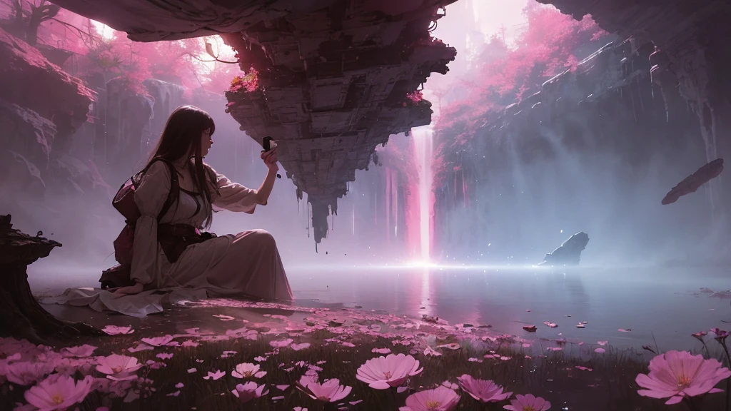 32k, Masterpiece, Highest quality, One girl, Detailed eyes, flower,Sandersonia, Pink and brown style,A dreamy, romantic piece,Pale pink, Mysterious Leaves,A playful arrangement,Fantasy,High Contrast,Ink strokes,explosion,Exposure, Impression of pink and brown tones,Abstract,((Watercolours by John Berkey and Jeremy Mann )) Brush strokes,Negative Space, Tyndall effect,