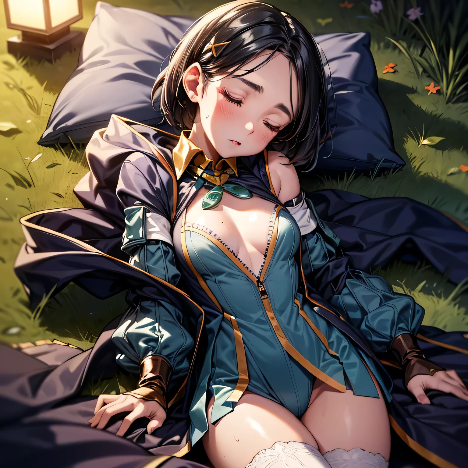 ultra-detailed,best quality,masterpiece,ultra-detailed,high resolution,extremely detailed CG,perfect anatomy,detailed,cinematic lighting,beautiful detailed eyes,ultra high res,1girl,(:1.4),(tall:1.6),gleaming skin,oil skin,sweat,humid,trembling,strong light coming in,spot lighting,bright,clothed,Rinwell, short hair, hair ornament, skirt, thighhighs, fingerless gloves, detached sleeves, hood down, sleeveless coat,(Night Forest:1.3),(darkness:1.5),The hair on the right side is long,Asymmetrical Hair,(Tuck your hair behind your left ear:1.3),(Camp:1.3),(Sleeping on your side:1.5),(Open clothing:1.6),(Sleep on the ground:1.3),Bonfire