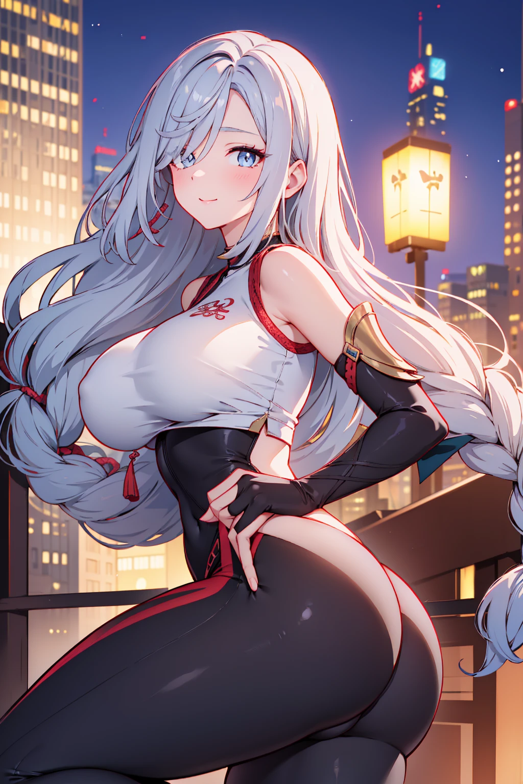 ShenheV4, tight pants, sportswear, butt, seductive, thick thighs, night city view, realistic, best quality, masterpiece, ultra detail, ultra high res, extreme detail, skin tight outfit, seductive, realistic, best quality, masterpiece, ultra detail, ultra high res, extreme detail, 8k, round ass, perfect face, detailed face, extreme detail, voluptuous, realistic, 1girl, solo, long hair, looking at viewer, smile, big breasts, night city background, butt, bare shoulders, tight shirt, closed mouth, portrait, skin tight outfit, silver hair, ass