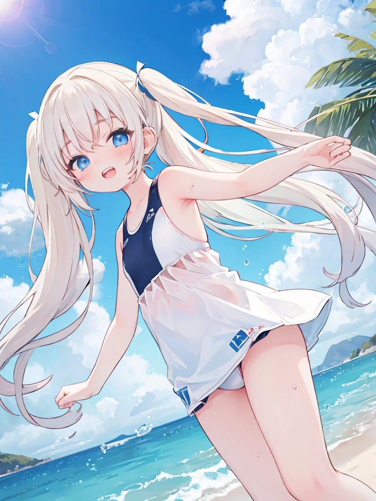 ((4K, ​master piece, Best Quality)), Cute  s,Wind,pale blond hair, Blue eyes,very long twintails,Blue sky,Laugh,double tooth,Closed eyes,Looking at Viewer,Lens Flare, Coastal, swim wears