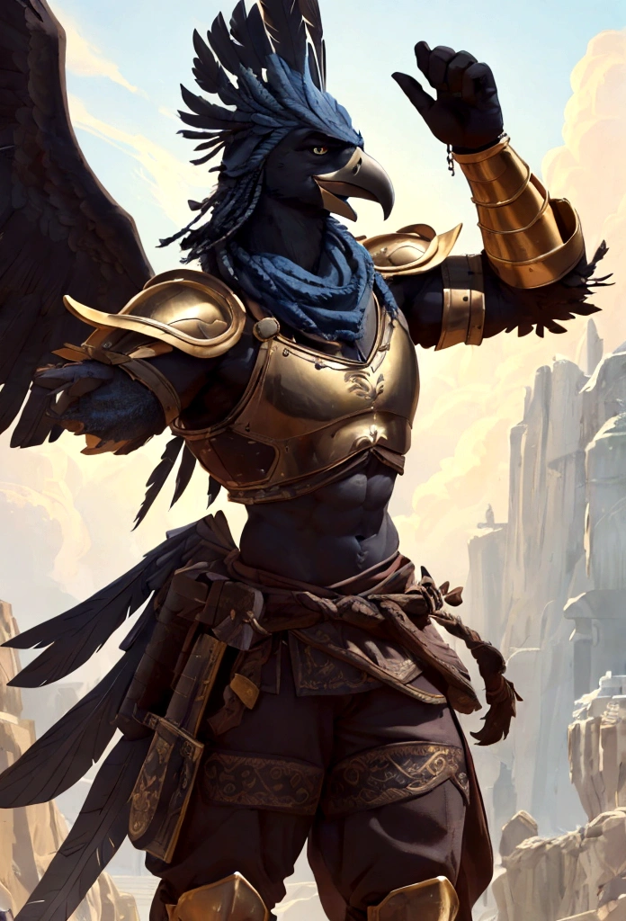 Imagine in stunning 8K cinematic detail, a formidable Spartan warrior with the face of a bird. His avian features include a razor-sharp beak and piercing eyes like those of an eagle, captured in full HD clarity. His feathers are a brilliant golden hue, shimmering under the sunlight in 4K resolution. This warrior possesses a majestic blue wing that extends gracefully from his back, with every feather rendered in meticulous detail, while his other wing, though not visible, adds a sense of mystery and depth to his presence. The warrior is clad in classic Spartan armor, with a bronze chestplate that gleams brilliantly, reflecting light with lifelike accuracy. The armor is adorned with intricate engravings that tell tales of ancient battles and past glories, each line and curve captured in ultra-high-definition. He wears a Spartan war helmet, with a plume of feathers that extends backward, blending seamlessly with the feathers on his head, creating an imposing and majestic silhouette. In his right hand, he holds a sturdy spear, decorated with Spartan symbols and blue feathers that match his wing. The spear's details are so precise you can see the individual fibers of the feathers and the engravings on the metal. His shield, round and solid, is emblazoned with the emblem of a bird in mid-flight, symbolizing his indomitable spirit and ability to master both sky and land. His leather sandals are reinforced with metal straps, ensuring that each step resonates with the strength of a legendary warrior. The warrior is strong and agile, his defined muscles showcasing years of rigorous training, depicted in stunning 4K. His movements are precise and lethal, reflecting Spartan discipline and the grace of a bird of prey, all animated with fluid and realistic motion. 