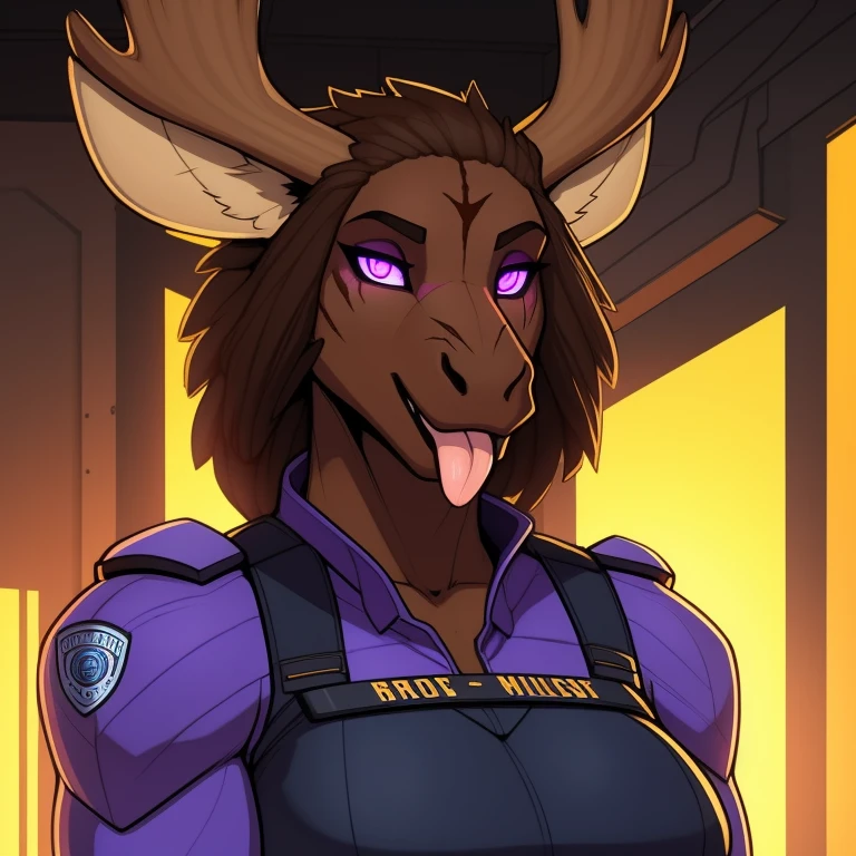 Giant_muscular_moose female brown_furry_hypnotized with completely glowing purple eyes with no irises or pupils, tongue out, very_fluffy scars solo Masterpiece best_quality absurdres highly_detailed cleanly_drawn_eyes anthro_only by_claweddrip, by_greasymojo, by_underscore-b, by_runawaystride police_uniform body_armor