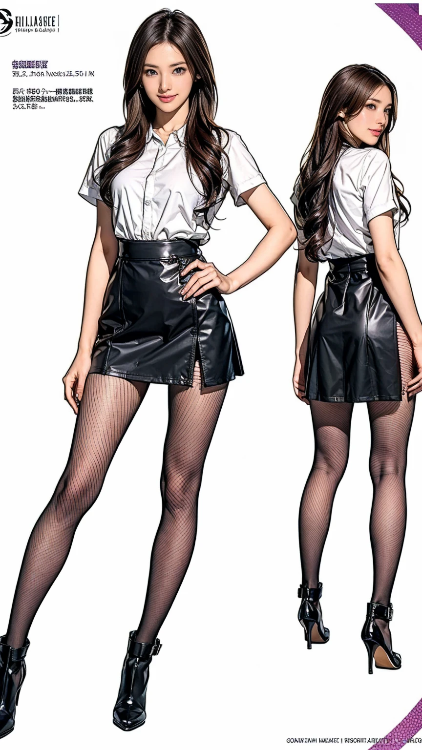 ((masterpiece)),(((Highest quality))),((Character design sheet)),Thin thighs,Long legs,wearing black fishnet tights:1.5,The best smile:1.5,Full Body Shot:1.5,masterpiece, Highest quality, One Girl, Elaina_(May_no_gossip), Silver Hair, Purple eyes, Long Hair,