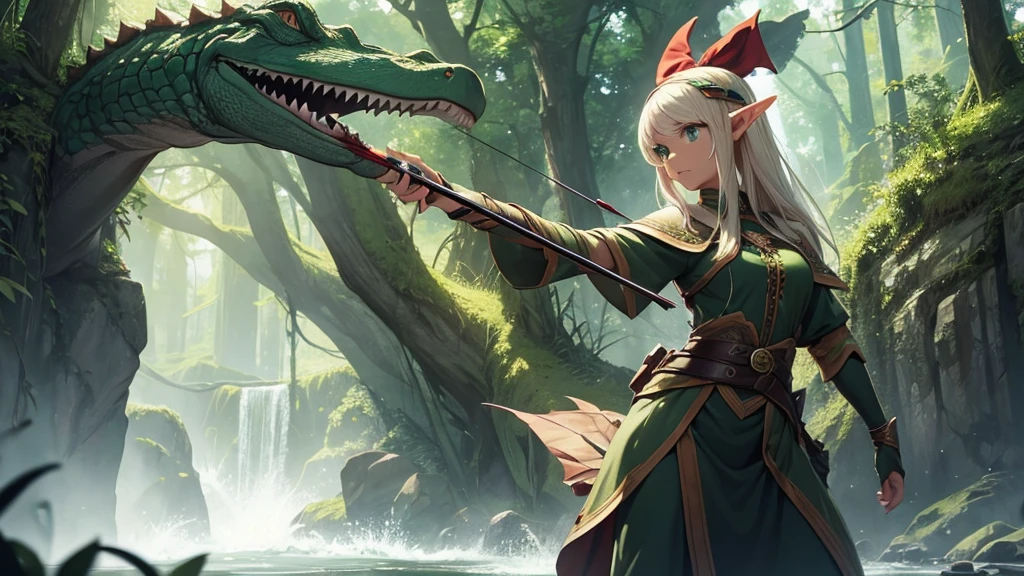 1 elf gator, fully body, standing, holding a bow and arrow, beautiful with green eyes, Dark clothes