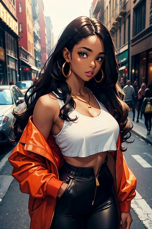  beautiful young woman, long hair, curly hair, a lot of makeup, dark skin, portrait.warm brown skin tone glowing with a healthy, radiant undertone, standing confidently in an urban setting, wearing a bold street-style ensemble consisting of a red cropped top with a matching red jacket draped off her shoulders, black high-waisted drawstring pants with metallic zippers, accessorized with gold hoop earrings and layered gold necklaces, set against a bustling city street filled with people under soft, natural daylight that casts gentle shadows, with a confident and slightly mysterious expression, and a relaxed yet assertive pose with one hand in her pocket., attention to depth, angle view