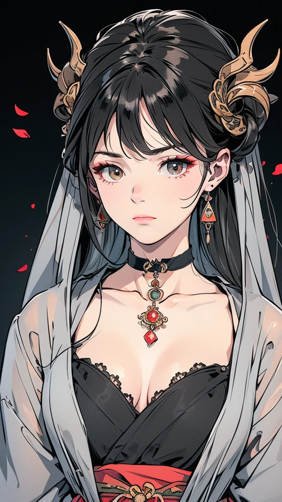 Seven Rhaeyar (Deylta), Ancient Star goddess, Perfect female anatomy (Royalty, Adult Female, 166cm in height, Cool pale skin, slim, slender, 34D breast size, Long Jet Black Hair, Gray Colored Iris , a set of Jet black colored horns on her head), Neutral facial expression, Elegant black uniform dress, female choker accessory with silver complimentary jewelry, dragon motifs, Black rope accessories, Simple Black Background, receiving light from the front, Slightly focusing on her face up close, Ethereal glow, Red Rose petals falling, Japanese inspired