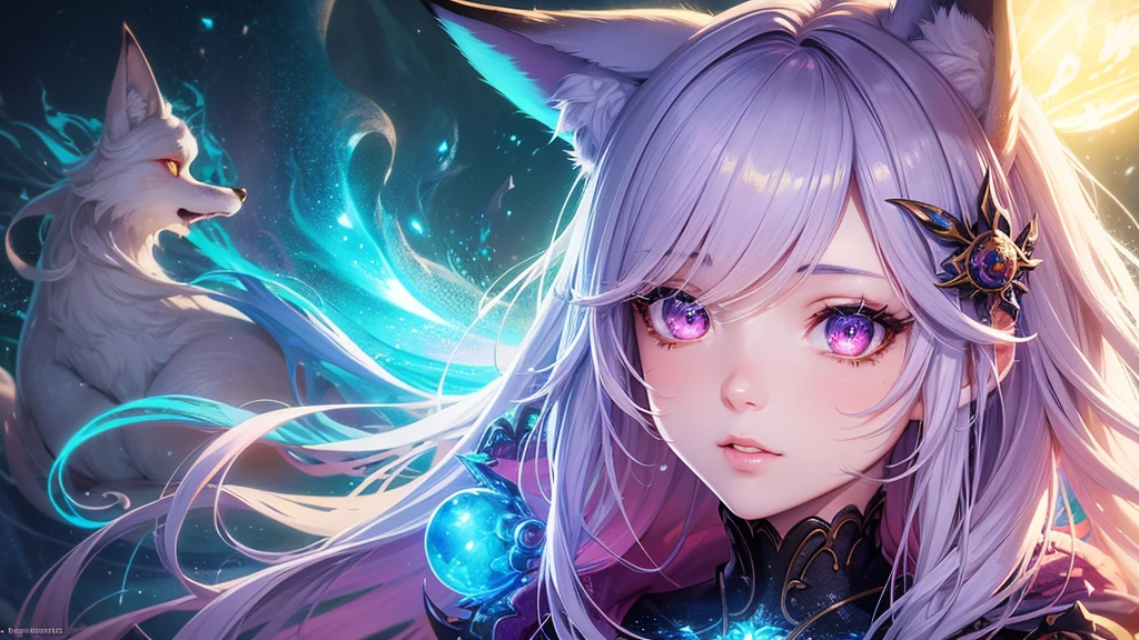 a beautiful anime girl, 1girl, fox ears, detailed face, beautiful eyes, long eyelashes, detailed lips, detailed nose, detailed hair, intricate hair ornaments, floating in a magical fantasy world, glowing energy, surreal environment, colorful lighting, vibrant colors, digital art, octane render, cinematic lighting, highly detailed, 8K, photorealistic, masterpiece