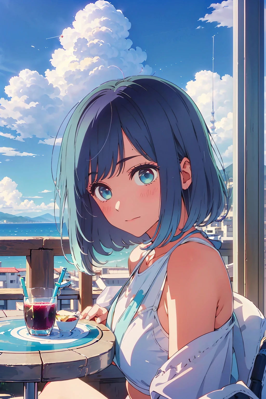 (Highest quality:1.4、8K:1.4、detailed)、F cup bust、Big Breasts、Slim body、Very white beautiful skin、((((1 person、smile、sit、Chair、 the background are the urban buildings of Tokyo、looking at the camera、Outdoor café terrace、coastal、Navy hair color、juice、White side string high leg bikini、Shooting up close、Shooting from an angle、table、Very cute face))))、(Waving:1.4)、Very blue sky、A completely cloudless sky