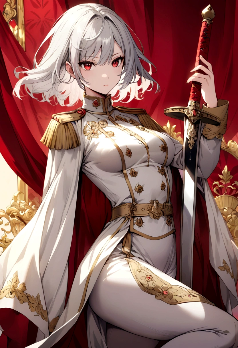 silver hair girl, red eyes, medium breasts, sexy body, military uniform ((detail)), carrying a sword, graceful position ((gallant)), ((Royal background))