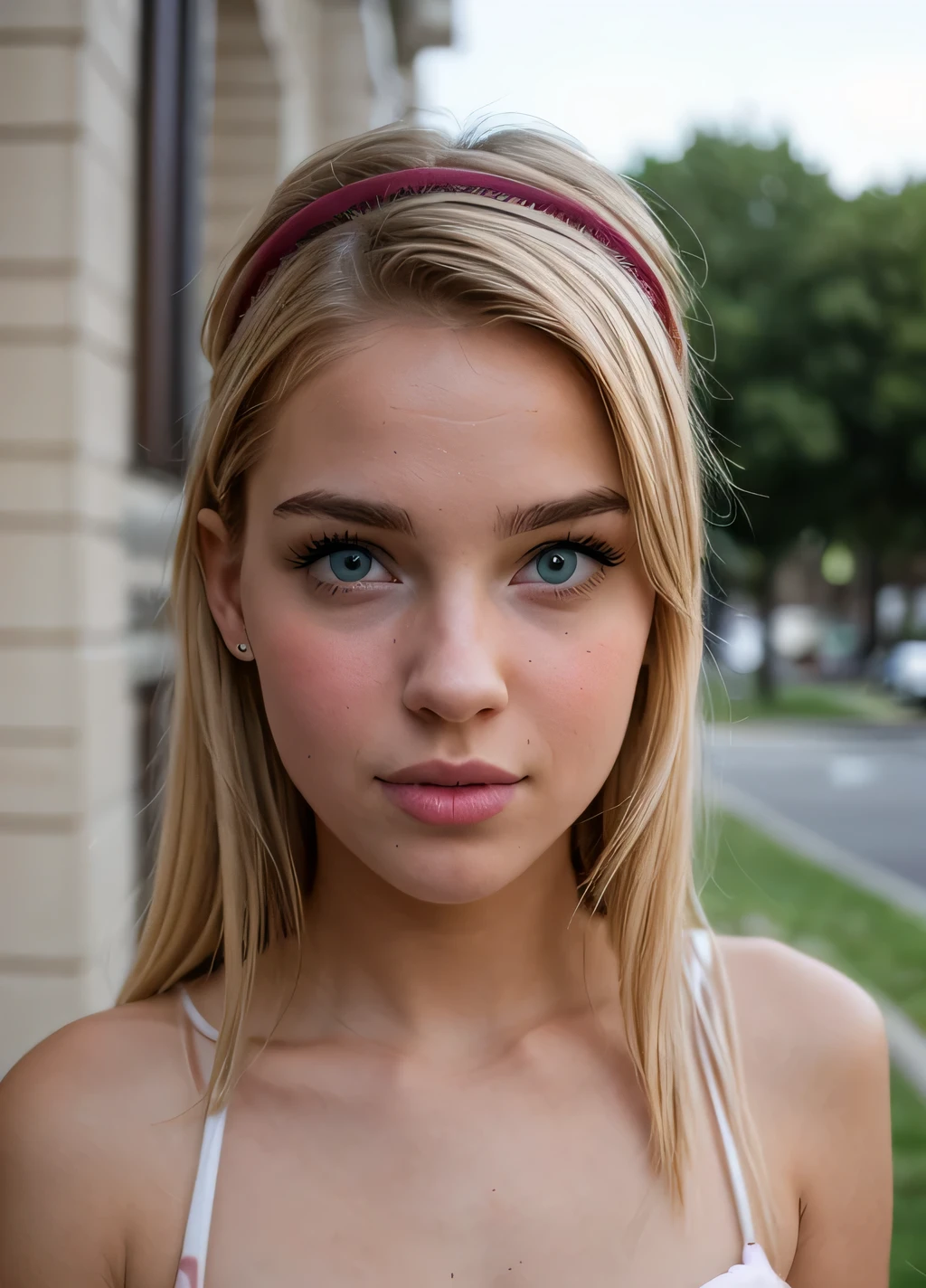 nat, 1girl, pink headband, green eyes,  blonde hair, long hair, lips, bang, blush, nude, 18 years old