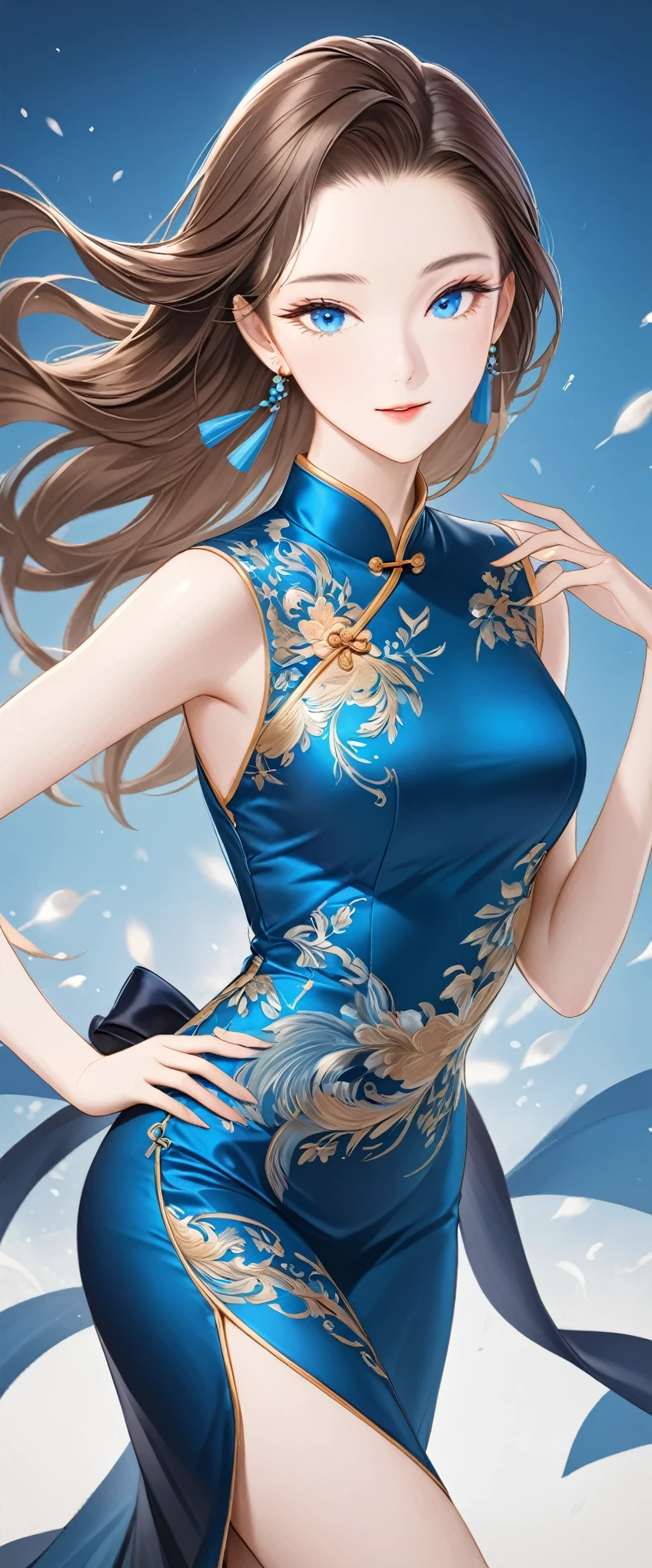 best quality, super fine, 16k, RAW photo, photorealistic, 2.5D, incredibly absurdres, extremely detailed, delicate, flashy and dynamic depiction, beautiful woman, intelligent cool beauty, bright sharp slit metallic blue eyes, excited look, glossy brown hair, beautifully set hair, wearing black, red and gold gradient cheongsam with intricate and luxurious embroidery, shiny satin fabric, accessories, superlative body proportion, gorgeous and gorgeous effects, background aristocratic social setting