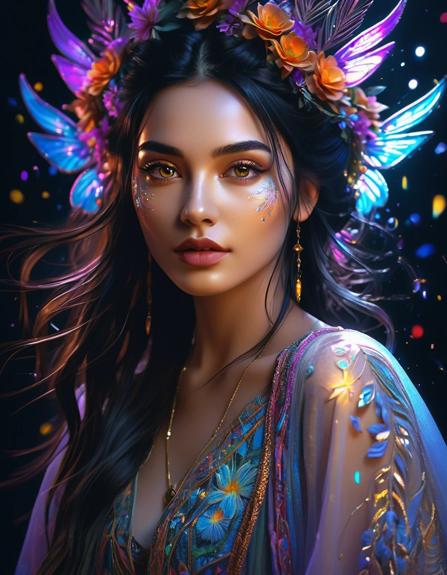 amazingly beautiful girl in the dark, Glowing Eyes, Black Hair, Skin glows,
Glowing flowers around the face, Mysterious and majestic, magic, Sparks flying from the skin or surrounding area, Very dark, Neon lights only, amazing, Charm, masterpiece, high quality, Intricate details, High detail , Lots of details, dynamic, Intricate details, Bohemian, beautiful, Contour, close, high quality, Artwork, Ultra-detailed, Professional, Filigree, Very detailed, Hyperrealism, close, isometric, Digital Art