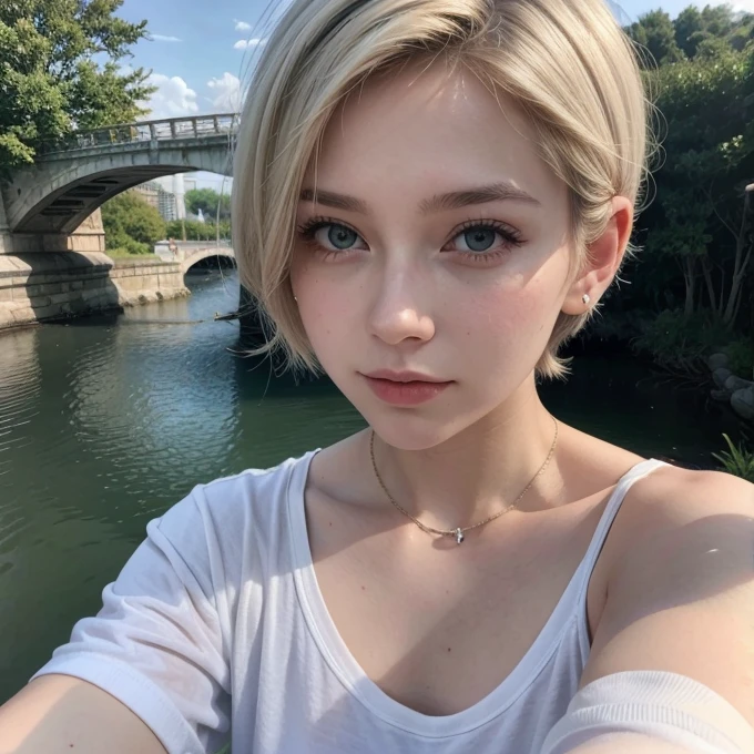 Woman, white short hair, sidecut, taking selfie on a bridge