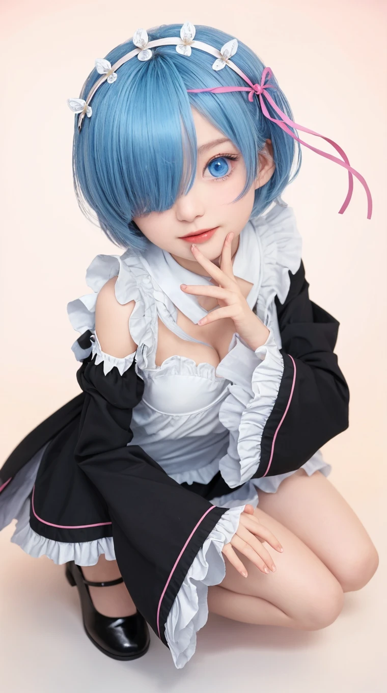 ultra realistic 8k cg, picture-perfect face, flawless, clean, masterpiece, 1girl, Rem_ReZero, blue eyes,  cleavage
 <lora:Rem_and_Ram_REZERO-20:0.9> <lora:Asun:0.70>