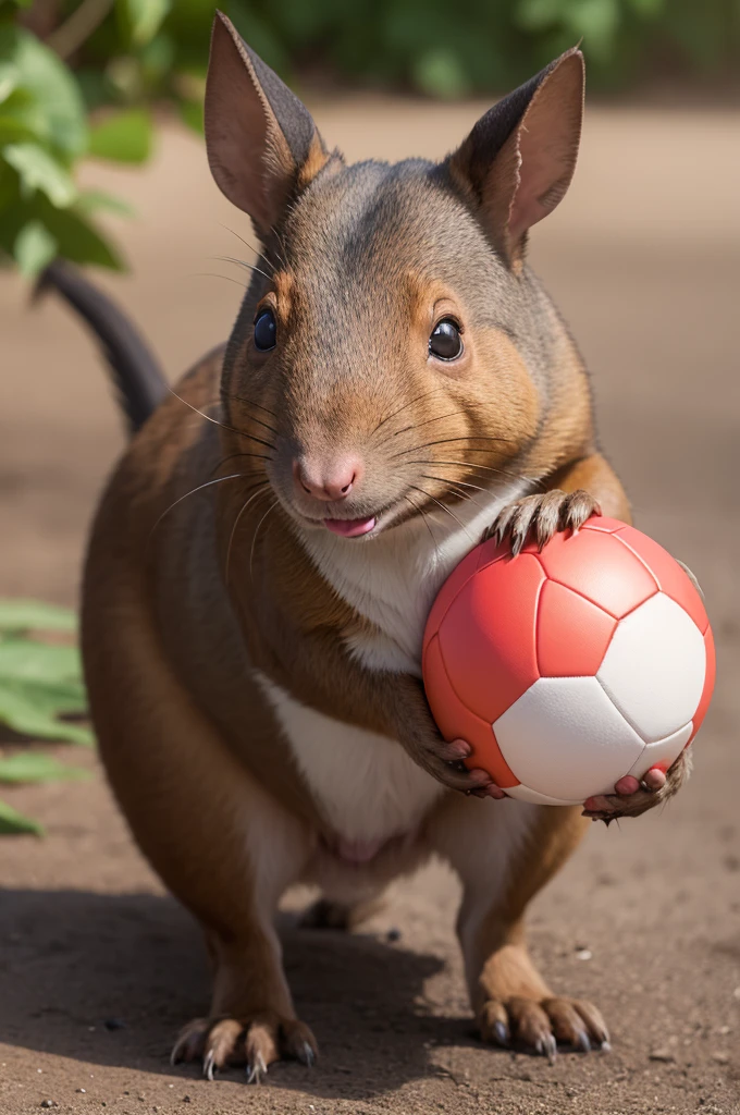 Animal agouti smiling with a ball