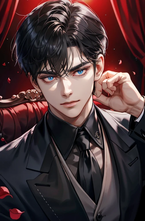 Sitting in the dimly lit room, there's an old man wearing a black suit and black jacket, the tuxedo's shiny fabric reflecting the scant light. A red rose rests in the lapel of his jacket, its petals softly cradled in his hand. (Close-Up: 1.0) His face, sharply focused (face_focus: 1.0), lines etched deep, reveals intense blue eyes, and a brow adorned with a distinguished brown watch.
(Upper_body: 1.0) The atmosphere is thick with secrecy, his closed mouth (closed mouth: 1.0) emanating a sense of mystery. The