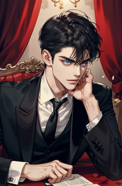 Sitting in the dimly lit room, there's an old man wearing a black suit and black jacket, the tuxedo's shiny fabric reflecting the scant light. A red rose rests in the lapel of his jacket, its petals softly cradled in his hand. (Close-Up: 1.0) His face, sharply focused (face_focus: 1.0), lines etched deep, reveals intense blue eyes, and a brow adorned with a distinguished brown watch.
(Upper_body: 1.0) The atmosphere is thick with secrecy, his closed mouth (closed mouth: 1.0) emanating a sense of mystery. The
