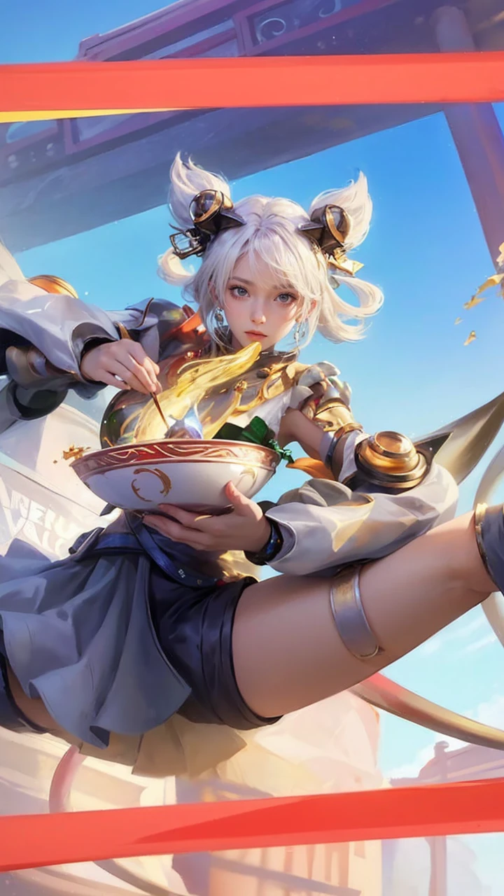 (masterpiece、Highest quality、High resolution、8K、16K)、((Alone in space、Beautiful Goddess、Standing posture、フローティング in the sky like a star))、(whole body)、Golden Cape、White long dress、No sleeve、Gold Bracelet、Blonde Hair、Beautiful brown eyes、Elegant and detailed face、Graceful operation、Raise your right hand、Professional Lighting、The universe is full of light、Countless stars and nebulae、