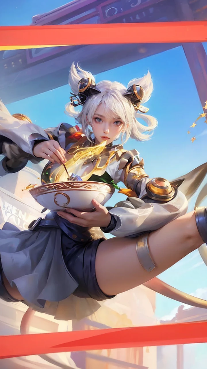 (masterpiece、Highest quality、High resolution、8K、16K)、((Alone in space、Beautiful Goddess、Standing posture、フローティング in the sky like a star))、(whole body)、Golden Cape、White long dress、No sleeve、Gold Bracelet、Blonde Hair、Beautiful brown eyes、Elegant and detailed face、Graceful operation、Raise your right hand、Professional Lighting、The universe is full of light、Countless stars and nebulae、
