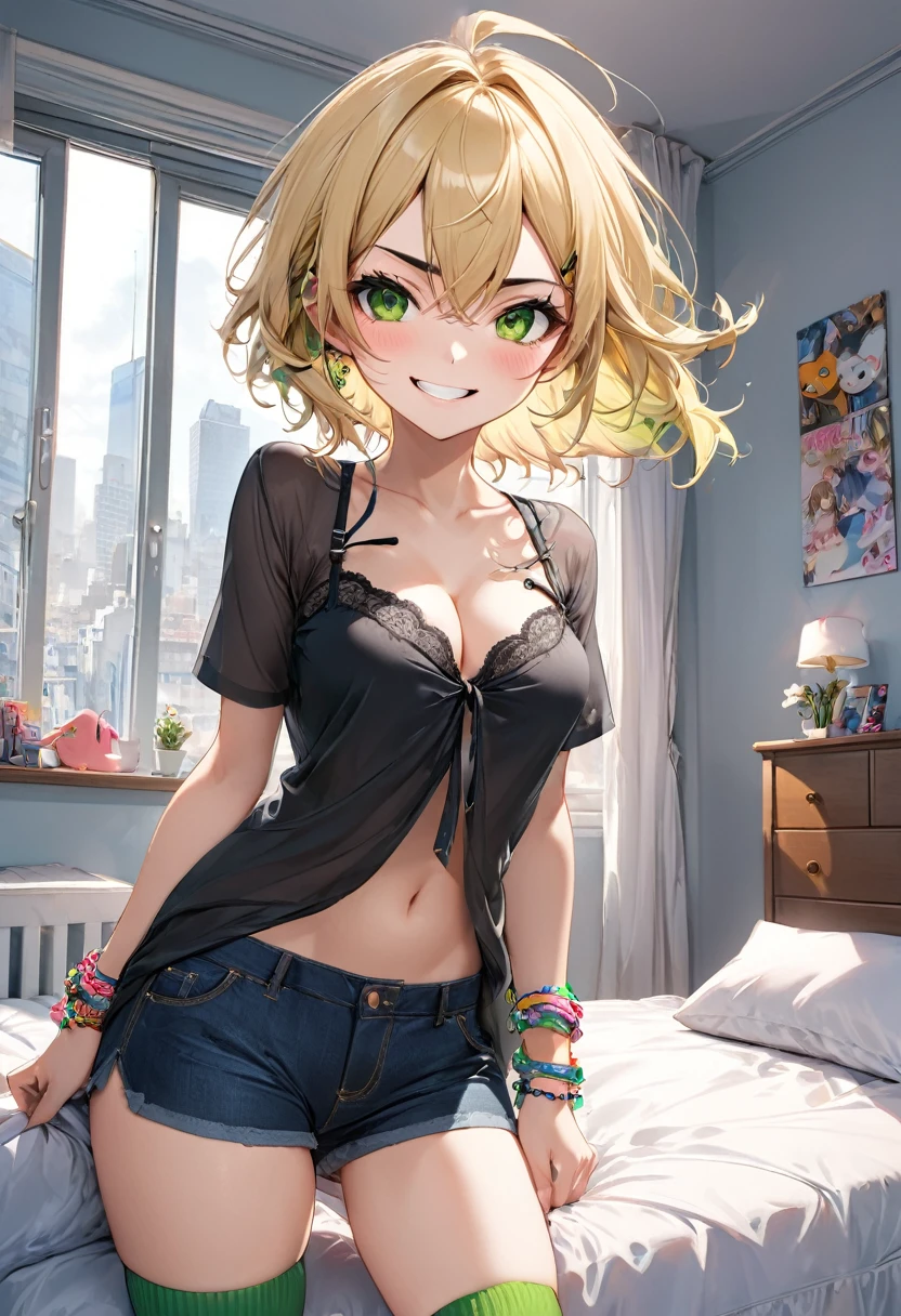 A mischievous girl with a sly grin, standing in a busy city. She has sharp, narrow eyes giving a teasing look, and her eyebrows are raised in a playful manner. She wears a with a playful twist:, funky socks, and a few quirky accessories like bracelets and hair clips.. in her bedroom, laying on her bed seductively .,(masterpiece:1.3),(highest quality:1.4),(ultra detailed:1.5),High resolution,extremely detailed,unity 8k wallpaper, blonde hair, green eyes, wearing panties, bra