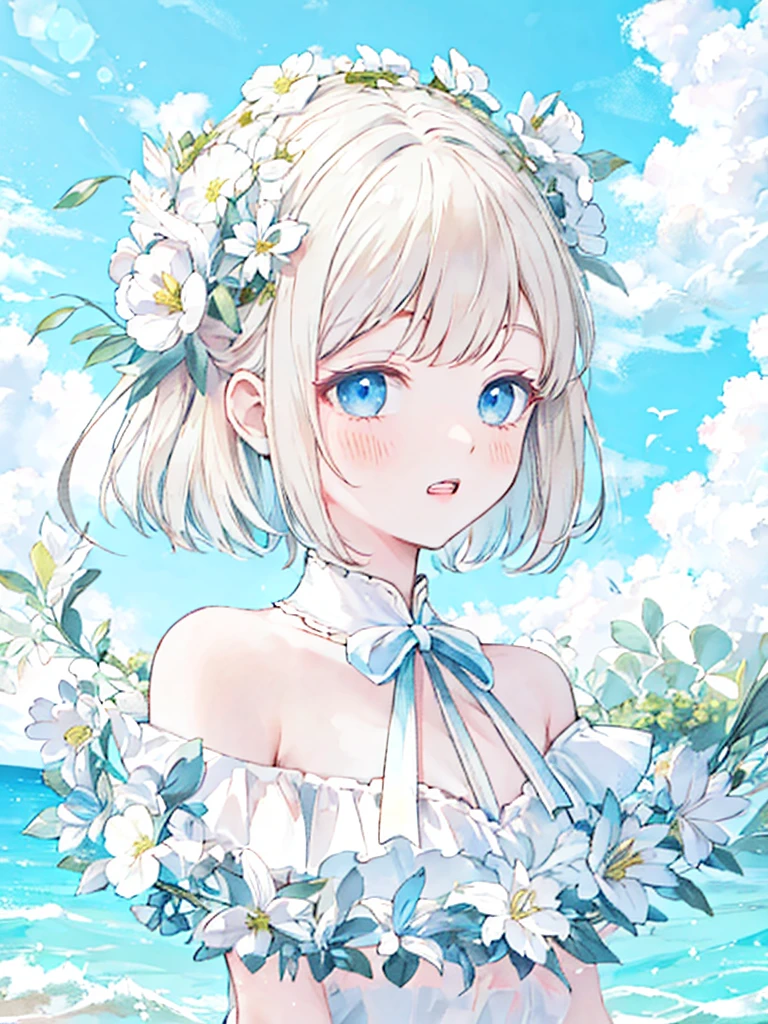 ((4K, master piece, Best Quality)), Cute s,Wind,pale blond hair, Blue eyes,very long twintails,Blue sky,Laugh,double tooth,Closed eyes,Looking at Viewer,Lens Flare, Coastal, swim wears
