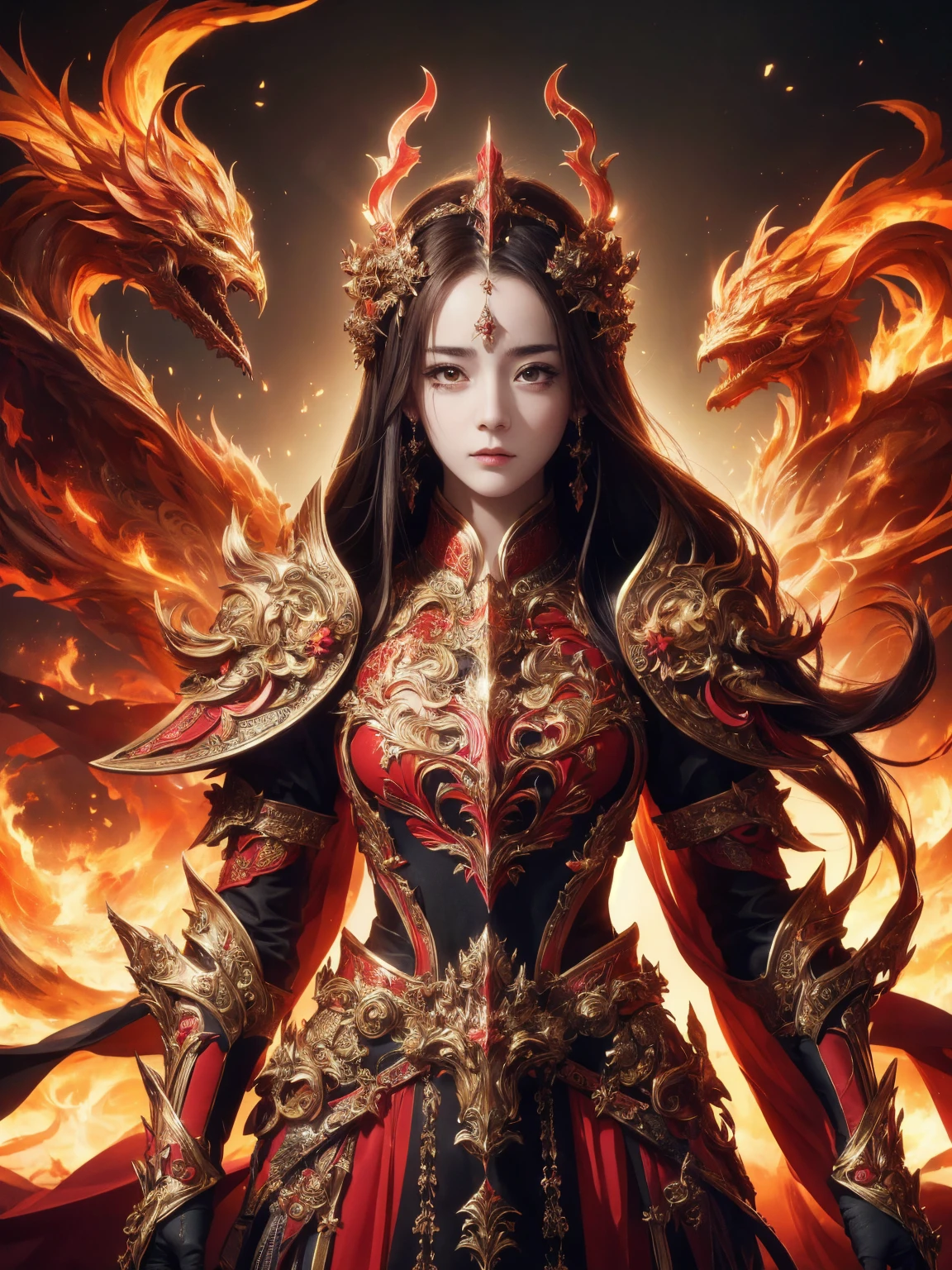 ((Low angle view)), ((Detailed background)), ((Battlefield, group of armies)), (masterpiece, top quality, best quality, official art, beautiful and aesthetic:1.2), (1girl),craft a Hyper-realistic portrayal of a futuristic (1girl1.2), (beautiful Dilireba), beautiful character donned in intricate armor surrounded by captivating flames, an epic long (sword:1.2), Dynamic pose, Random pose, Dynamic angle, battle stance, Meticulous details capture the intense fusion of tradition and innovation in this visually stunning composition. Trending on Artstation. Perfect lighting,,
