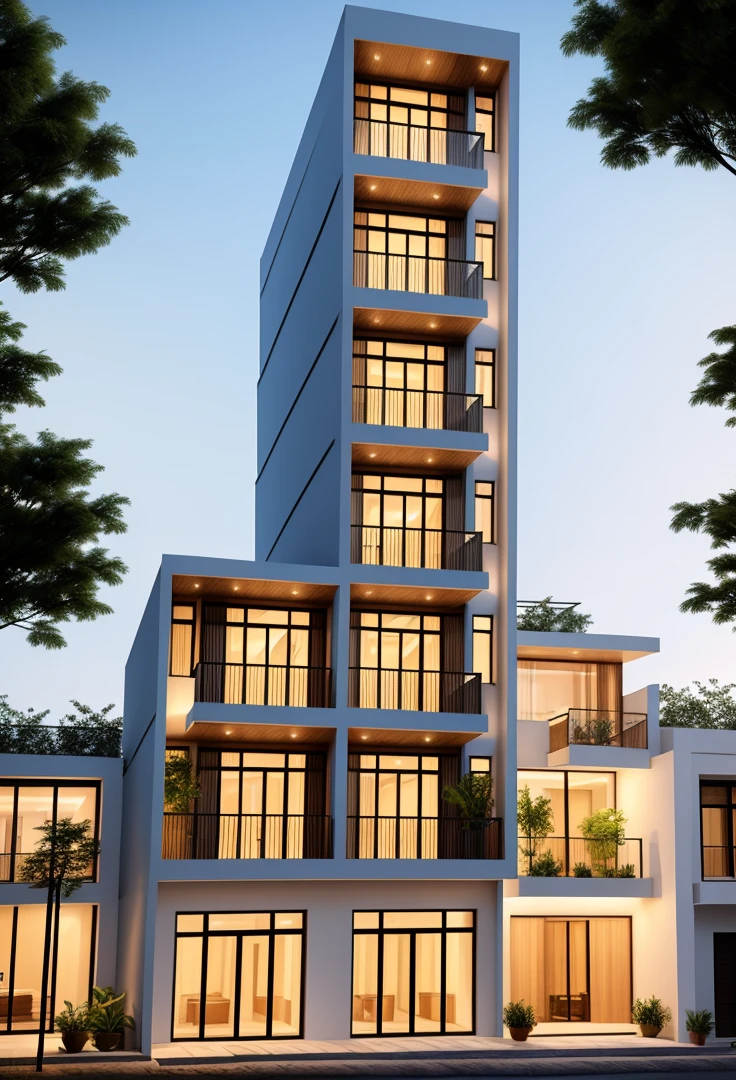 Perspective of a modern house with a large enough front yard, main materials are light yellow walls, stone and wood, a road running in front of the house, (RAW photo, real, best quality, masterpiece: 1.2), current view modern minimalist, 1 street in front of house, shime ring light, indoor brightness:1.2, dynamic lighting:1.3, (hyper-realistic, photo-realistic:1.2), high quality, daylight, contrast high:0.5 perfect light, Archdaily, contemporary masterpiece award, award winning contemporary, beautifully designed masterpiece, spacious modern mansion, modern neo-traditional, wide angle exterior 2022 , mid-century modern, contemporary home, stylish modern feel, long front view, award-winning modern design, stunning lines, residential, exquisite details, indoors gently:1.3