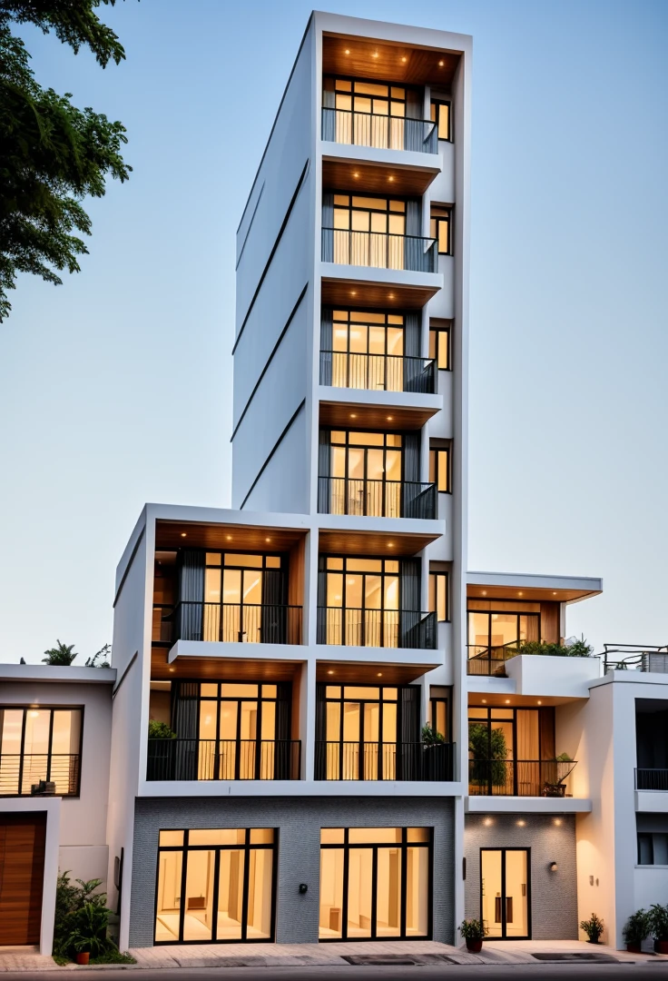 Perspective of a modern house with a large enough front yard, main materials are light yellow walls, stone and wood, a road running in front of the house, (RAW photo, real, best quality, masterpiece: 1.2), current view modern minimalist, 1 street in front of house, shime ring light, indoor brightness:1.2, dynamic lighting:1.3, (hyper-realistic, photo-realistic:1.2), high quality, daylight, contrast high:0.5 perfect light, Archdaily, contemporary masterpiece award, award winning contemporary, beautifully designed masterpiece, spacious modern mansion, modern neo-traditional, wide angle exterior 2022 , mid-century modern, contemporary home, stylish modern feel, long front view, award-winning modern design, stunning lines, residential, exquisite details, indoors gently:1.3