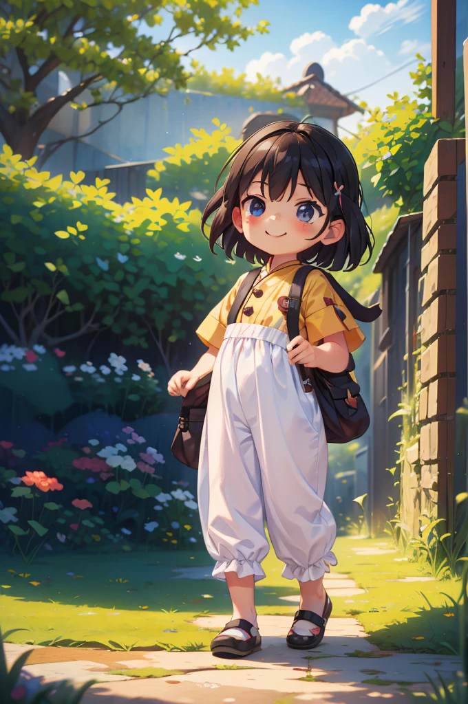 need，A child eating watermelon, A big smile, Happy，Forest Background（Short and delicate hair：1.2）， accurate brunette， beautiful eyes，Small pull，temple， Smile， solo，The fingers are very clear，Wear long pants，(Chinese ancient style：1.3)，，(Q version of the cartoon avatar:1.3)，(threeviews：1.5)，Same character full body，(side:1.3)，Back，Acura，Best quality，Ultra-high detail，