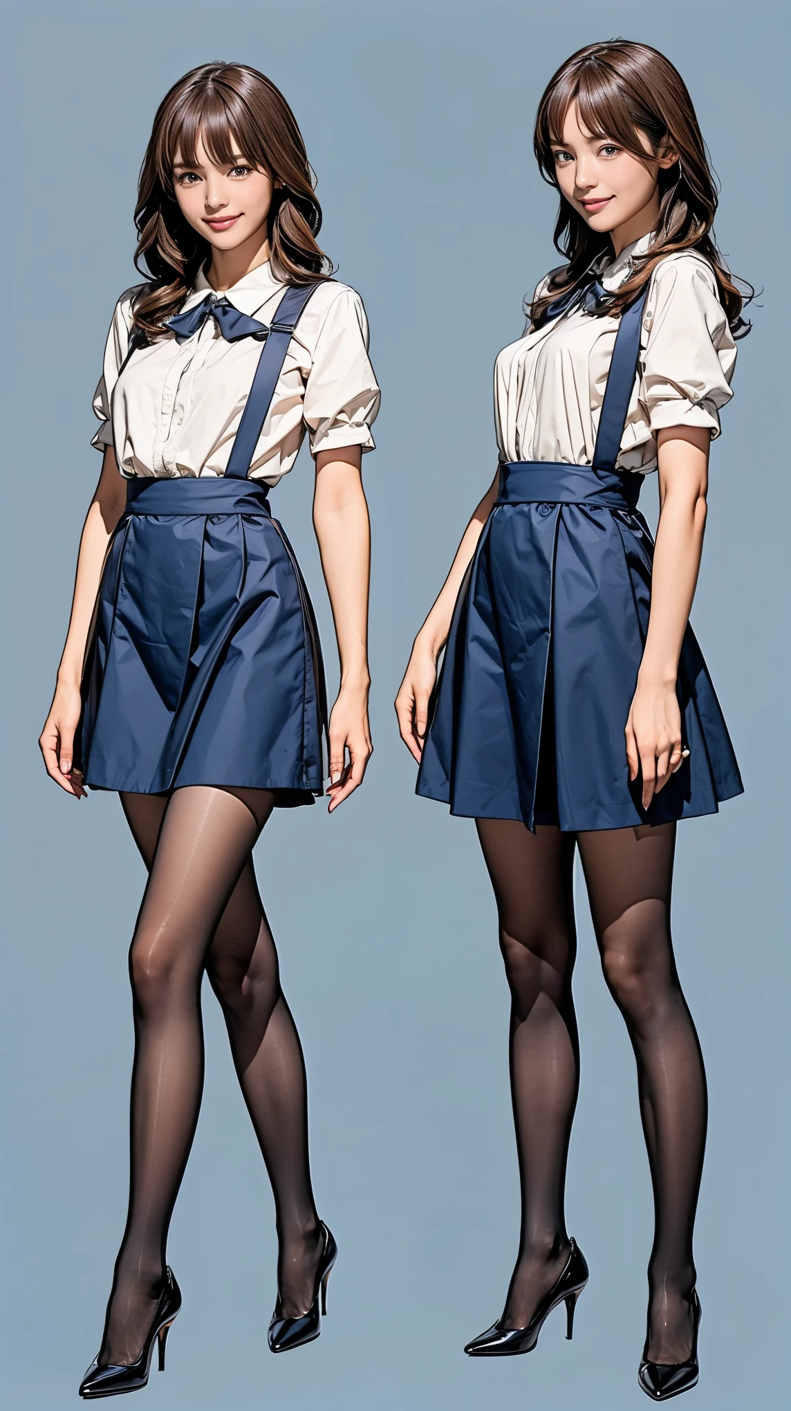 ((masterpiece)),(((Highest quality))),((Character design sheet)),Thin thighs,Long legs,Bunny girl in a light blue maid outfit:1.5，Wearing light blue tights:1.5，The best smile:1.5，Full Body Shot:1.5，Gray background:1.5，Wearing black high heels:1.5，short side waves:1.5，