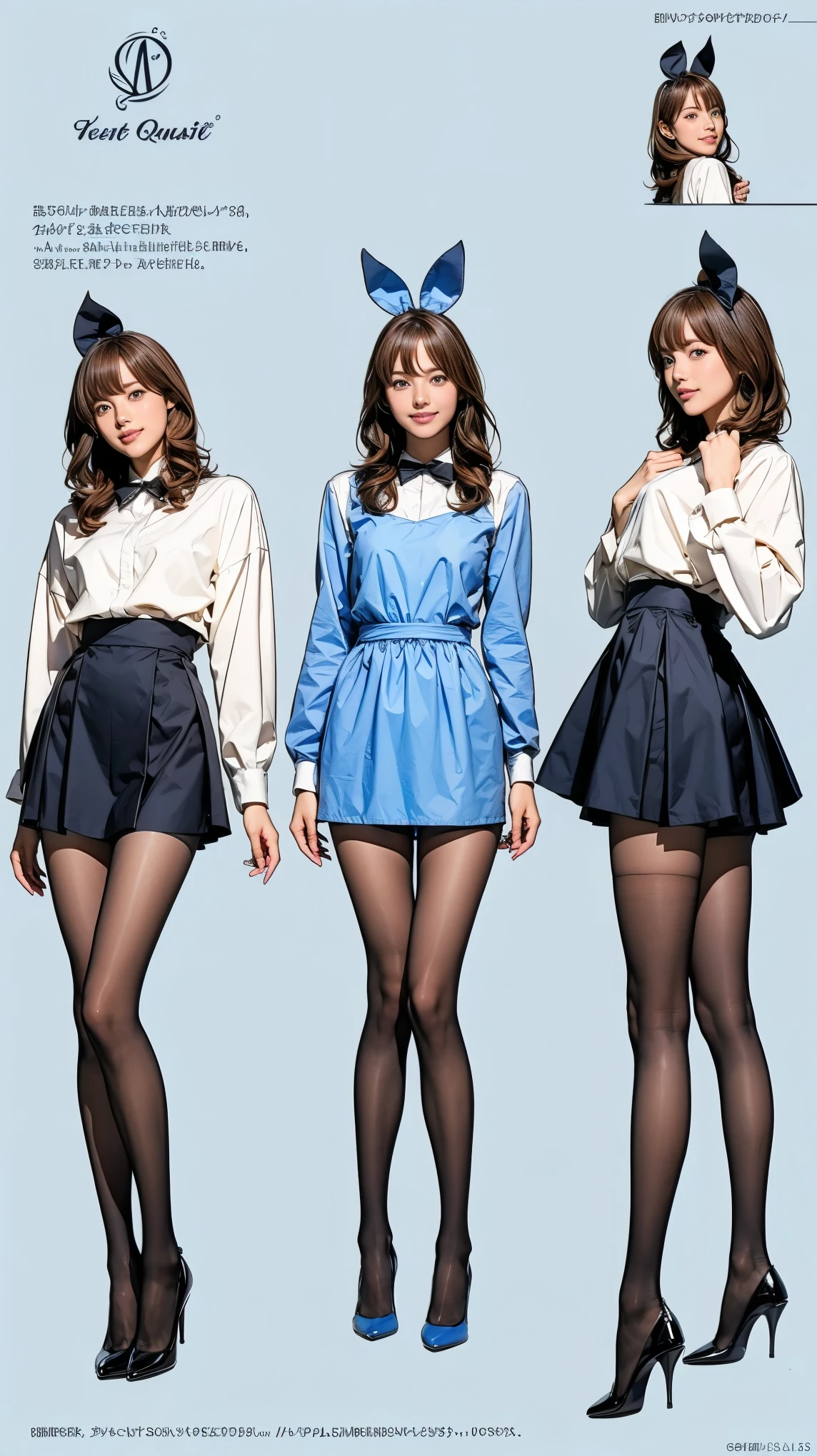 ((masterpiece)),(((Highest quality))),((Character design sheet)),Thin thighs,Long legs,Bunny girl in a light blue maid outfit:1.5,Wearing light blue tights:1.5,The best smile:1.5,Full Body Shot:1.5,Gray background:1.5,Wearing black high heels:1.5,short side waves:1.5,
