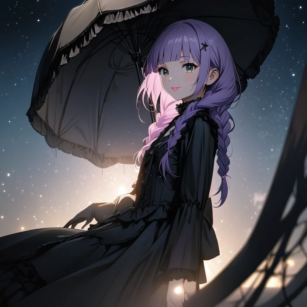 (Cute a girl:1.5), anime visual, (Black gothic lolita outfit, black boots, black parasol, from side:1.3 ), (Lovey-dovey:1.5), (tilt head:1.3), extremely delicate face, soft clean focus, realistic lighting and shading, (an extremely delicate and beautiful art:1.3), elegant, (muted colors:1.1),(one girl with closs hair pin,pale purple hair,wavy two braids,blunt bangs hair,green and black eyes.pink lips:1.4), small breast,slim,smile,Slender,morning lit,small breast,slim,smiling, full body shot, A starry sky, a gentle smile, look at viewer, morning lit,