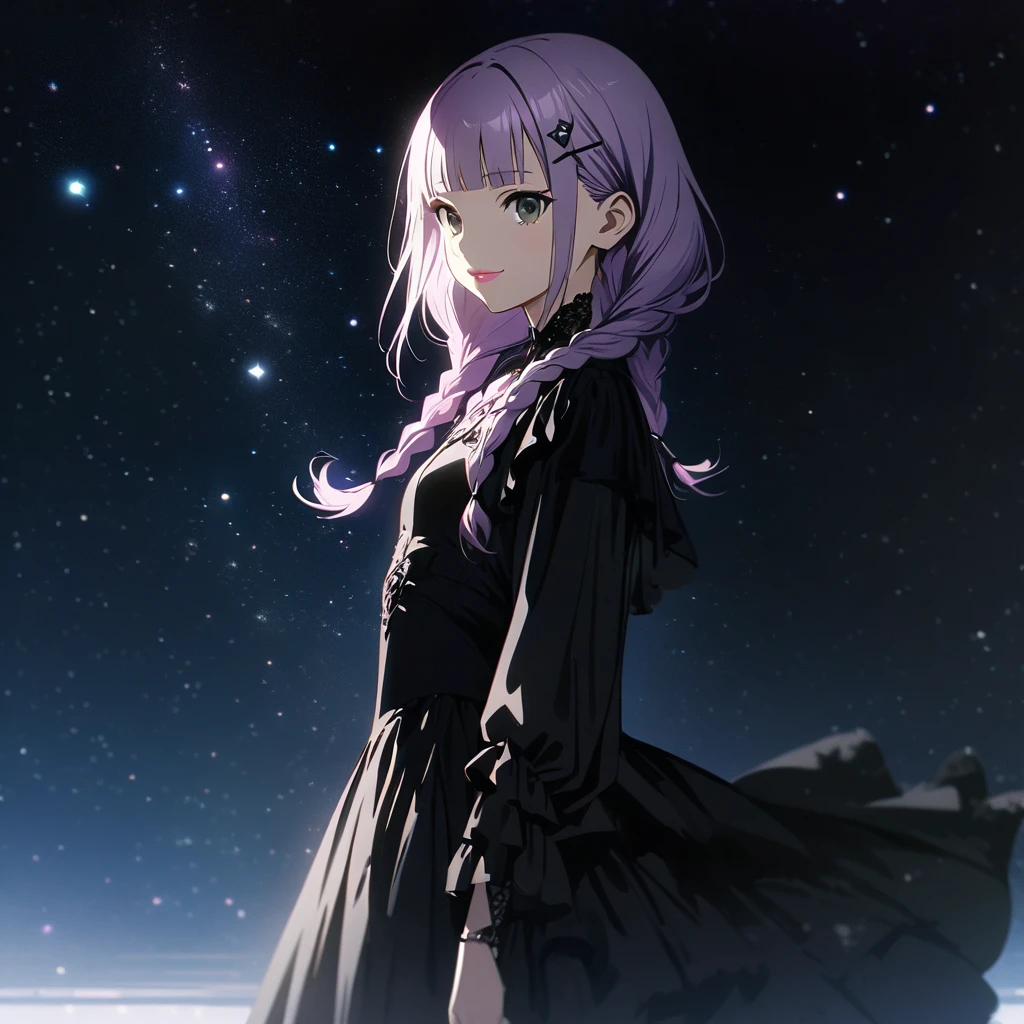 (Cute a girl:1.5), anime visual, (Black gothic ta outfit, black boots, black parasol, from side:1.3 ), (Lovey-dovey:1.5), (tilt head:1.3), extremely delicate face, soft clean focus, realistic lighting and shading, (an extremely delicate and beautiful art:1.3), elegant, (muted colors:1.1),(one girl with closs hair pin,pale purple hair,wavy two braids,blunt bangs hair,green and black eyes.pink lips:1.4), small breast,slim,smile,Slender,morning lit,small breast,slim,smiling, full body shot, A starry sky, a gentle smile, look at viewer, morning lit,