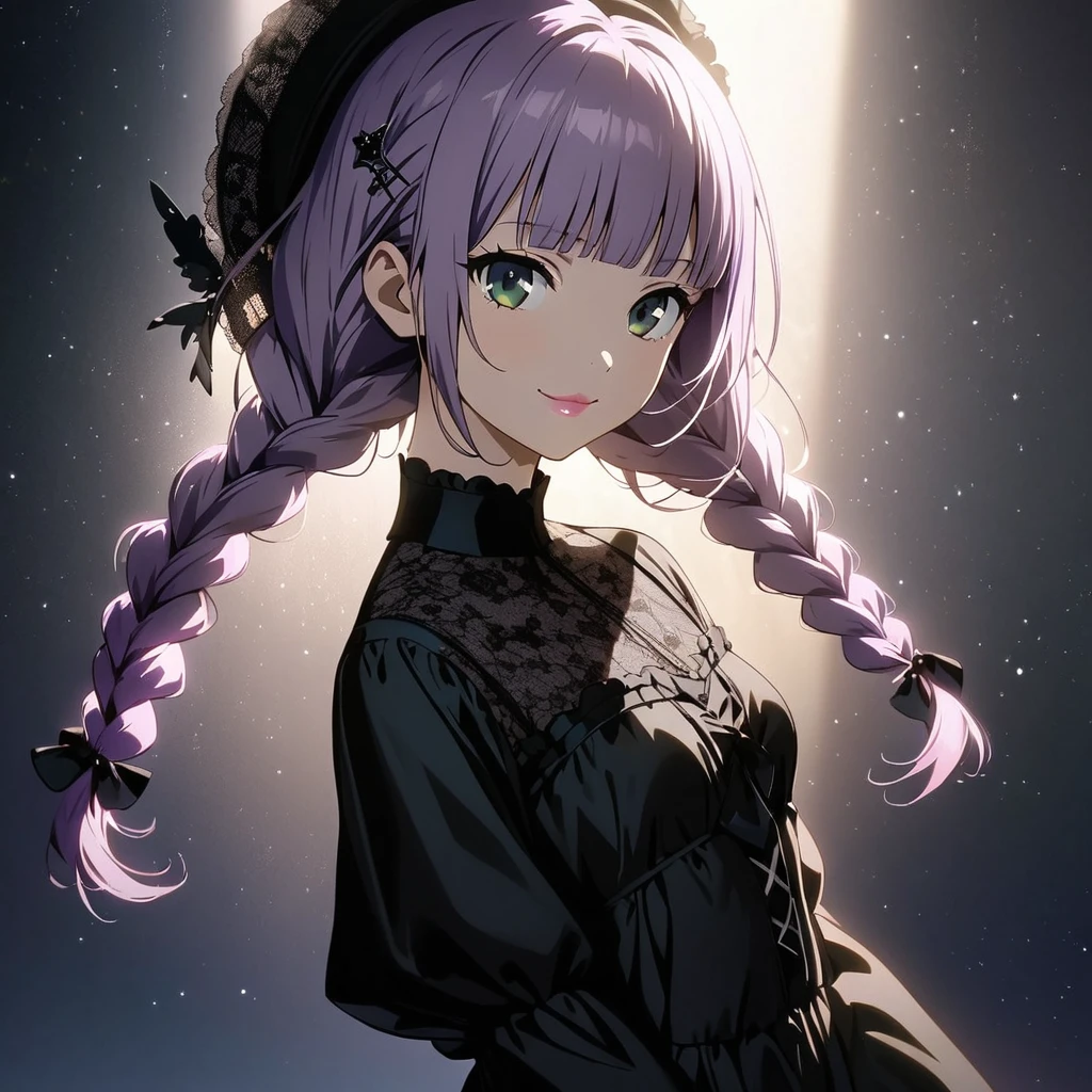 (Cute a girl:1.5), anime visual, (Black gothic ta outfit, black boots, black parasol, from side:1.3 ), (Lovey-dovey:1.5), (tilt head:1.3), extremely delicate face, soft clean focus, realistic lighting and shading, (an extremely delicate and beautiful art:1.3), elegant, (muted colors:1.1),(one girl with closs hair pin,pale purple hair,wavy two braids,blunt bangs hair,green and black eyes.pink lips:1.4), small breast,slim,smile,Slender,morning lit,small breast,slim,smiling, full body shot, A starry sky, a gentle smile, look at viewer, morning lit,