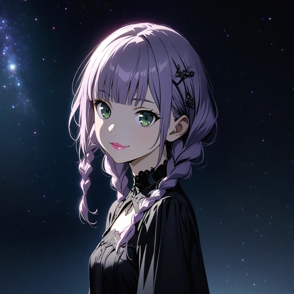 (Cute a girl:1.5), anime visual, (Black gothic ta outfit, black boots, black parasol, from side:1.3 ), (Lovey-dovey:1.5), (tilt head:1.3), extremely delicate face, soft clean focus, realistic lighting and shading, (an extremely delicate and beautiful art:1.3), elegant, (muted colors:1.1),(one girl with closs hair pin,pale purple hair,wavy two braids,blunt bangs hair,green and black eyes.pink lips:1.4), small breast,slim,smile,Slender,morning lit,small breast,slim,smiling, full body shot, A starry sky, a gentle smile, look at viewer, morning lit,