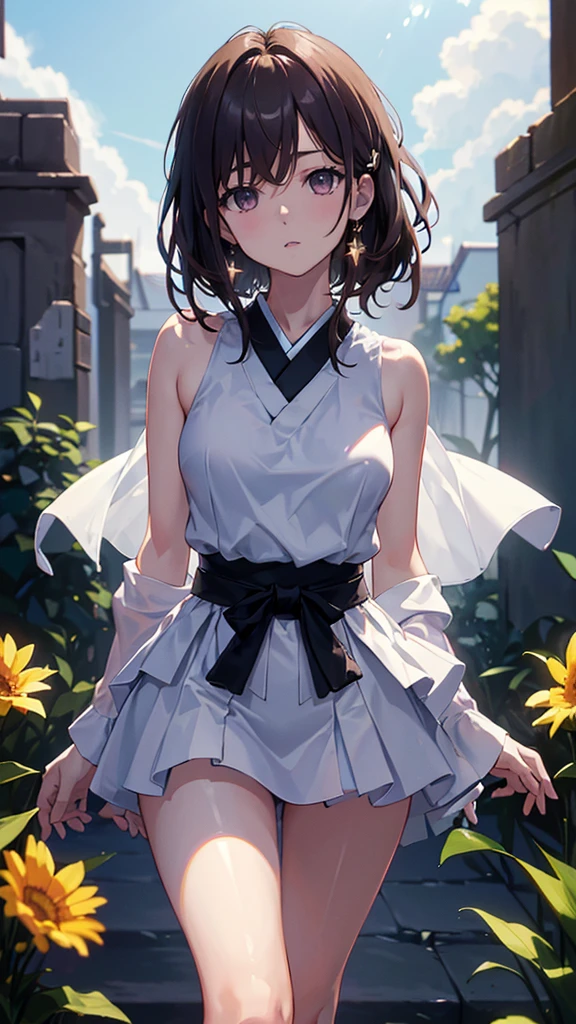 1girl 25years old, standing, facing viewer, ((outdoors, sunlight, flowers:0.9))), ((beautiful hair:0.8, long hair cut)), ((pale skin:0.8)), ((brown eyes:0.9)), ((glowing_eyes)), (((ultra detailed eyes:0.7, beautiful and detailed face:0.9))), ((centered)), ((wide shot)), (medium breasts), looking at viewer, ((half closed eyes)), ((perfect hands)), (((head:1, arms, hips in view, elbows, thighs, in view))), ((hands at sides)), lively eyes, beautiful lighting, outside, outdoors, background, ((defined subject)), 25 years old, (head tilt), (((cool))), ((lively)), (((high contrast))),4k resolution)),((high quailty lens)),((lens ISO f4.5)),((effect blurred rim +5)),((Eliminates Chromatic Aberration)),((Enable Canon lens correction)),BREAK,((best graphics model)),((Bright balance and soft ratio)), ((moderate dark balance)),((dark area 30%)),((((contrast 10%)), BREAK,((ratio sun beam 60%)),((Sky light 10%)),BREAK,((of the highest quality, 8K,Raw photo)),Japanese style colors, Soft-beam light, afternoon light,BREAK,((Fixed Finger, Hand))