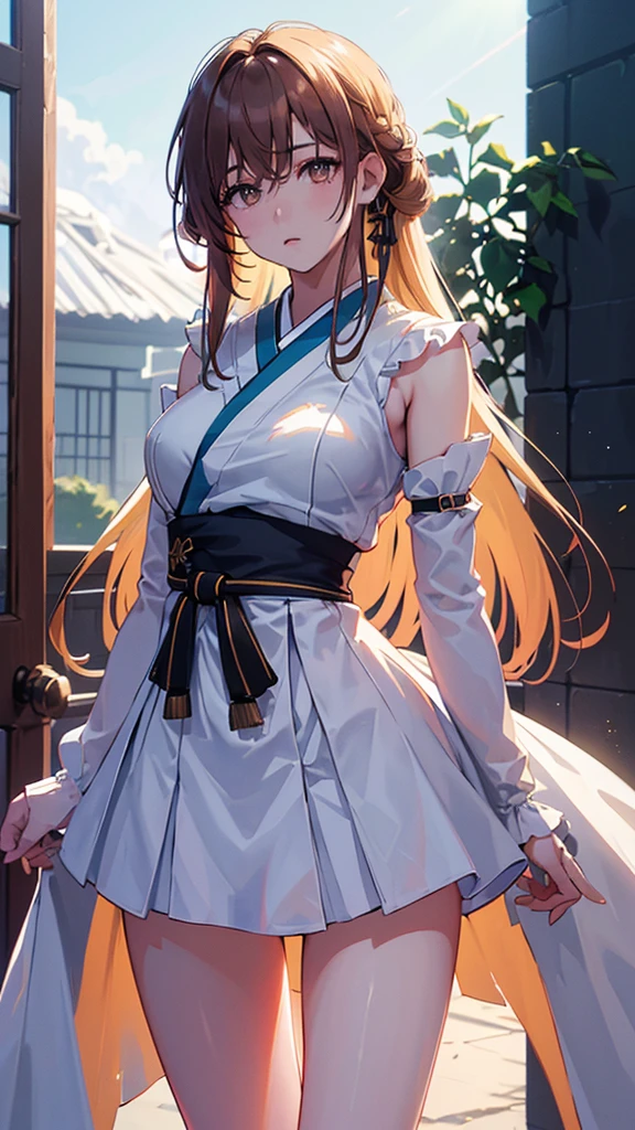 1girl 25years old, standing, facing viewer, ((outdoors, sunlight, flowers:0.9))), ((beautiful hair:0.8, long hair cut)), ((pale skin:0.8)), ((brown eyes:0.9)), ((glowing_eyes)), (((ultra detailed eyes:0.7, beautiful and detailed face:0.9))), ((centered)), ((wide shot)), (medium breasts), looking at viewer, ((half closed eyes)), ((perfect hands)), (((head:1, arms, hips in view, elbows, thighs, in view))), ((hands at sides)), lively eyes, beautiful lighting, outside, outdoors, background, ((defined subject)), 25 years old, (head tilt), (((cool))), ((lively)), (((high contrast))),4k resolution)),((high quailty lens)),((lens ISO f4.5)),((effect blurred rim +5)),((Eliminates Chromatic Aberration)),((Enable Canon lens correction)),BREAK,((best graphics model)),((Bright balance and soft ratio)), ((moderate dark balance)),((dark area 30%)),((((contrast 10%)), BREAK,((ratio sun beam 60%)),((Sky light 10%)),BREAK,((of the highest quality, 8K,Raw photo)),Japanese style colors, Soft-beam light, afternoon light,BREAK,((Fixed Finger, Hand))