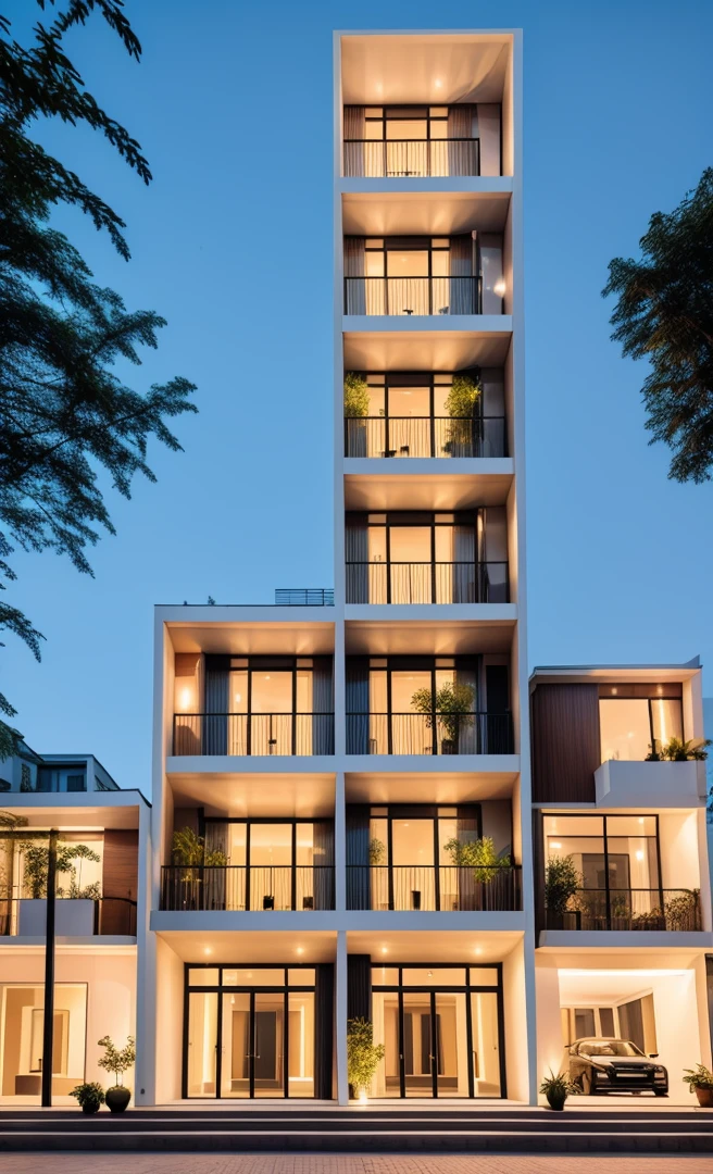 Perspective of a modern house with a large enough front yard, main materials are light yellow walls, stone and wood, a road running in front of the house, (RAW photo, real, best quality, masterpiece: 1.2), current view modern minimalist, 1 street in front of house, shime ring light, indoor brightness:1.2, dynamic lighting:1.3, (hyper-realistic, photo-realistic:1.2), high quality, daylight, contrast high:0.5 perfect light, Archdaily, contemporary masterpiece award, award winning contemporary, beautifully designed masterpiece, spacious modern mansion, modern neo-traditional, wide angle exterior 2022 , mid-century modern, contemporary home, stylish modern feel, long front view, award-winning modern design, stunning lines, residential, exquisite details, indoors gently:1.3