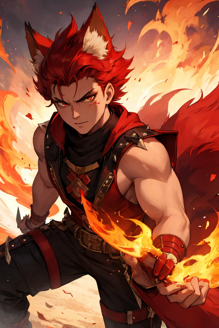 Master piece, 8k, ultra detailed, god, navy overcoat, shirtless, ruby jewel, boy, laughing, scarlet color hair, blue eyes, full body frame, vulcanic eruption and blue plasma lightnings background