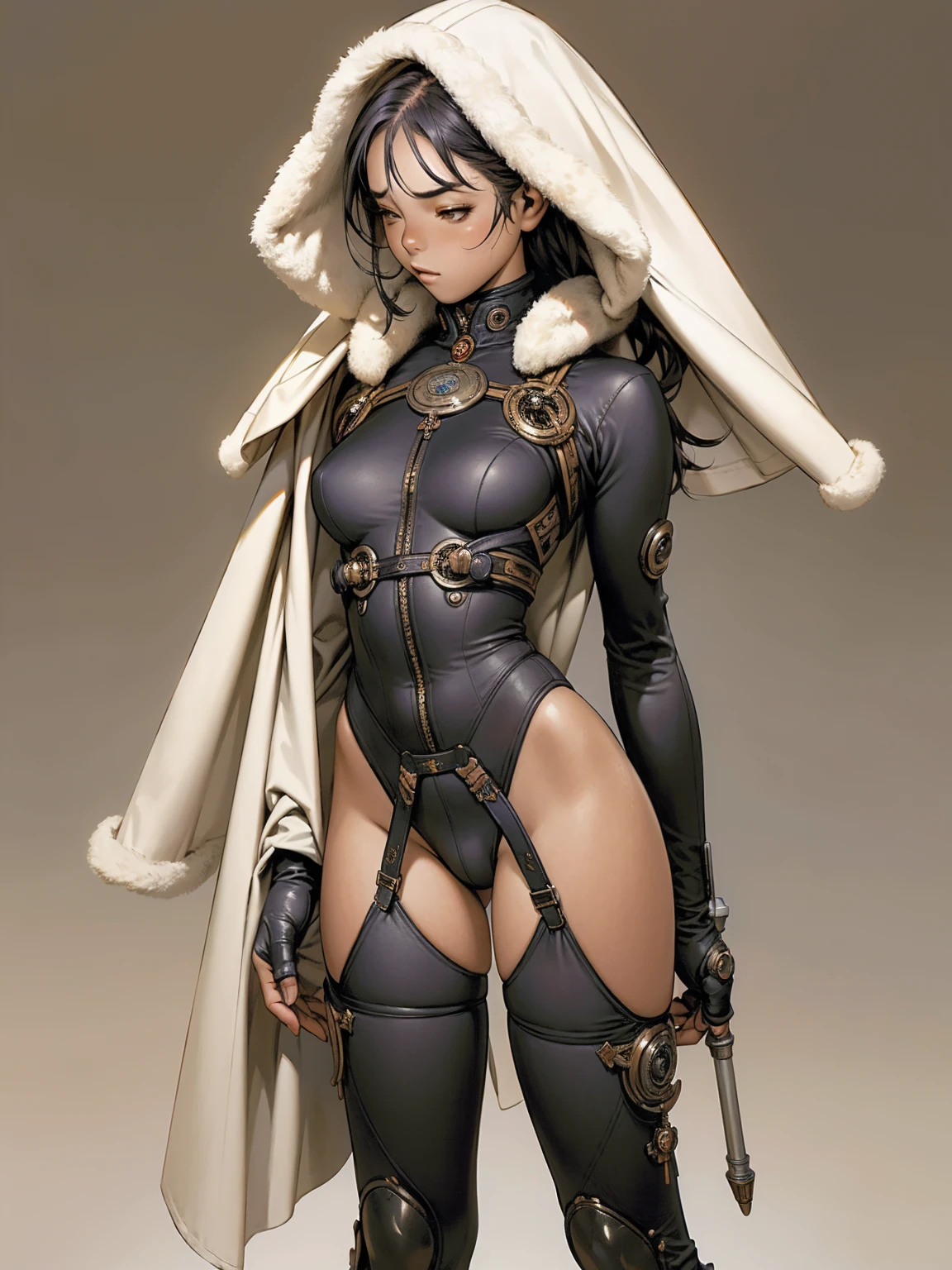 (((black))), (((best qualityer: 1.4))), (((Afro))), (((DuneWalker))), (((post-apocalypse))), (Unbeatable masterpiece), (hiper HD),(CG 8k hyper-realistic), (((breasts big))), (((hyper feminine))), sensuous girl, (bob hair with straight bangs), ((( sculptural body ))), (((1 girl))), 20 year anime girl with perfect body, Beautiful and well-groomed face, slanted eyes, muscular body:1.2, costume with textured details in pixel art, (Head to thigh photos),modern samurai pants, Complex equipment, rot, cerulean, yellow, orange, Violette, long pants,Tight, dark clothes,With white stars and white stripes, Metal parts in armor, afro girl, (((standing alone))), pirralha violent, ((())), sensuous, pose de atitude, work of art, post-apocalypse, (((manga style))), Bounty Hunter, violent, Manic, the way you want, slenderbody, thin but strong, perfectbody, roupa moderna, Advanced technology, short shorts with checkered pattern in red and black, fur collar jacket, sleeves with vertical striped pattern, neutral background