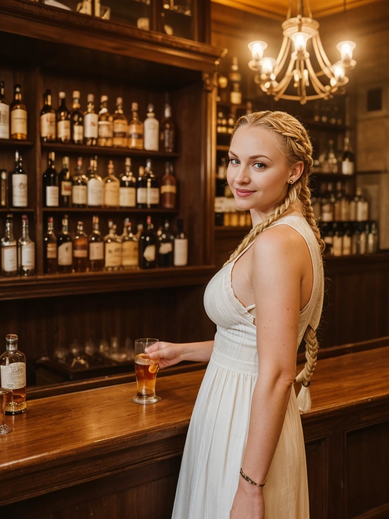 solo, realistic, photorealistic, natural lighting, (large forehead, (((Latvian woman))), (((Latvian nose))), (((Latvian eyes))), (((blonde))), (((braids))), (((Latvian face))), (((Latvian lips))), (((Latvian body))), (((fair complexion))) pose: standing, smiling, wearing Boho Maxi Dress , cleavage, background: Tucked away in a historic building downtown, The Whiskey Bar caters to connoisseurs of fine spirits and discerning palates. The ambiance is upscale and refined, with mahogany paneling, leather banquettes, and a curated collection of rare whiskeys displayed behind a polished oak bar. Knowledgeable bartenders offer tastings and recommendations, guiding patrons through the nuances of single malts, bourbons, and aged blends. The atmosphere is hushed and contemplative, as patrons savor each sip and discuss the complexities of their favorite spirits, creating an air of sophistication and appreciation for the art of whiskey.