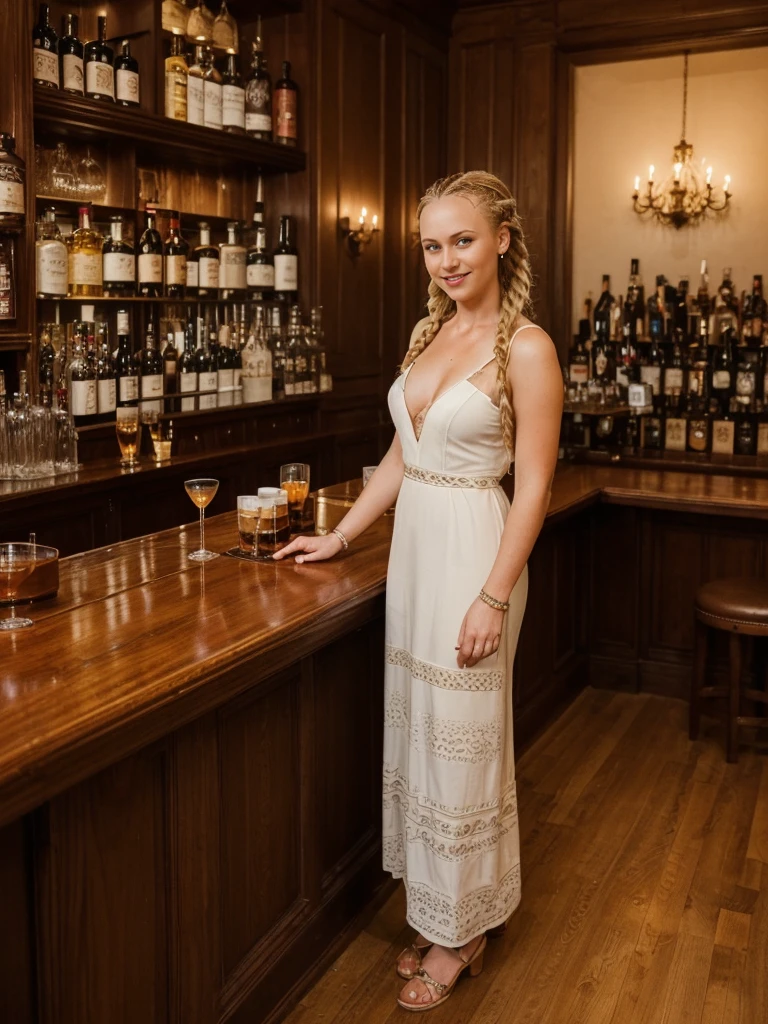 solo, realistic, photorealistic, natural lighting, (large forehead, (((Latvian woman))), (((Latvian nose))), (((Latvian eyes))), (((blonde))), (((braids))), (((Latvian face))), (((Latvian lips))), (((Latvian body))), (((fair complexion))) pose: standing, smiling, wearing Boho Maxi Dress , cleavage, background: Tucked away in a historic building downtown, The Whiskey Bar caters to connoisseurs of fine spirits and discerning palates. The ambiance is upscale and refined, with mahogany paneling, leather banquettes, and a curated collection of rare whiskeys displayed behind a polished oak bar. Knowledgeable bartenders offer tastings and recommendations, guiding patrons through the nuances of single malts, bourbons, and aged blends. The atmosphere is hushed and contemplative, as patrons savor each sip and discuss the complexities of their favorite spirits, creating an air of sophistication and appreciation for the art of whiskey.
