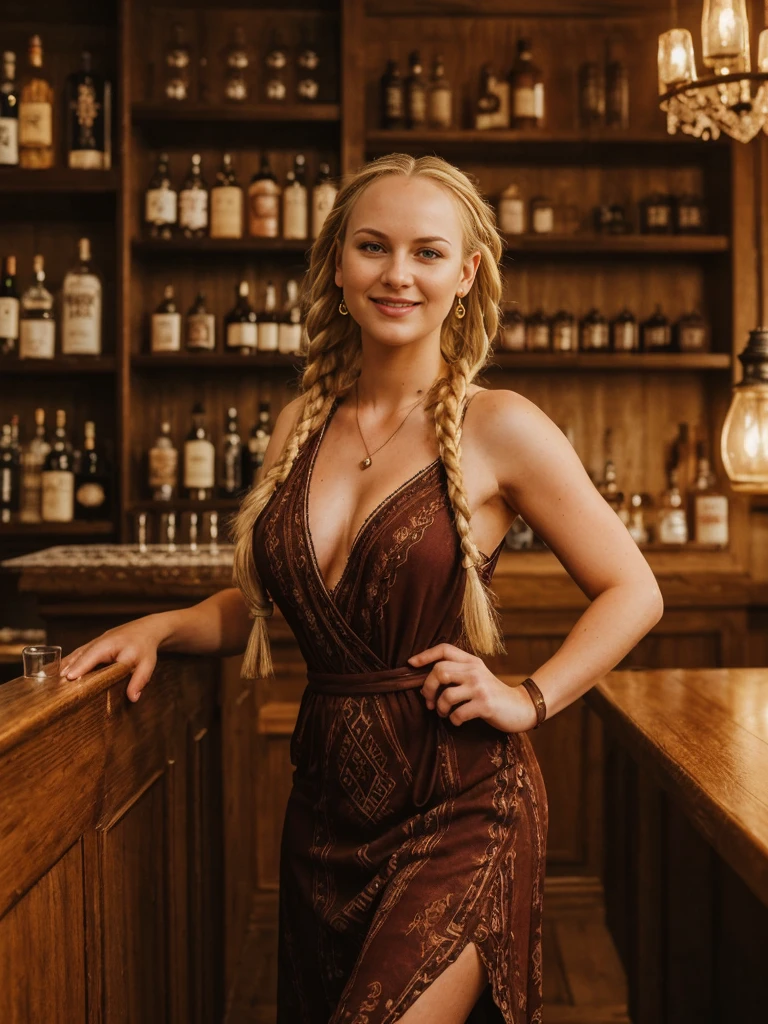 solo, realistic, photorealistic, natural lighting, (large forehead, (((Latvian woman))), (((Latvian nose))), (((Latvian eyes))), (((blonde))), (((braids))), (((Latvian face))), (((Latvian lips))), (((Latvian body))), (((fair complexion))) pose: standing, smiling, wearing Boho Maxi Dress , cleavage, background: Tucked away in a historic building downtown, The Whiskey Bar caters to connoisseurs of fine spirits and discerning palates. The ambiance is upscale and refined, with mahogany paneling, leather banquettes, and a curated collection of rare whiskeys displayed behind a polished oak bar. Knowledgeable bartenders offer tastings and recommendations, guiding patrons through the nuances of single malts, bourbons, and aged blends. The atmosphere is hushed and contemplative, as patrons savor each sip and discuss the complexities of their favorite spirits, creating an air of sophistication and appreciation for the art of whiskey.