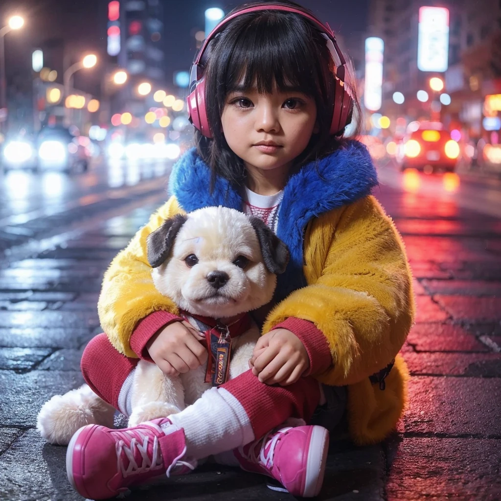 realistis 4d anak gadis kulit realistis rambut hitam yang mengenakan jaket berbulu tebal warna kuning biru, sepatu pink, rok merah kotak kotak, duduk di jalan kota pada malam hari. Anak tersebut harus memakai headphone, memegang boneka anjing besar dengan dua tangan. Latar belakang harus cerah dengan lampu kota yang buram, memberikan suasana dinamis dan penuh warna pada pemandangan. kuwalitas gambar super detail,